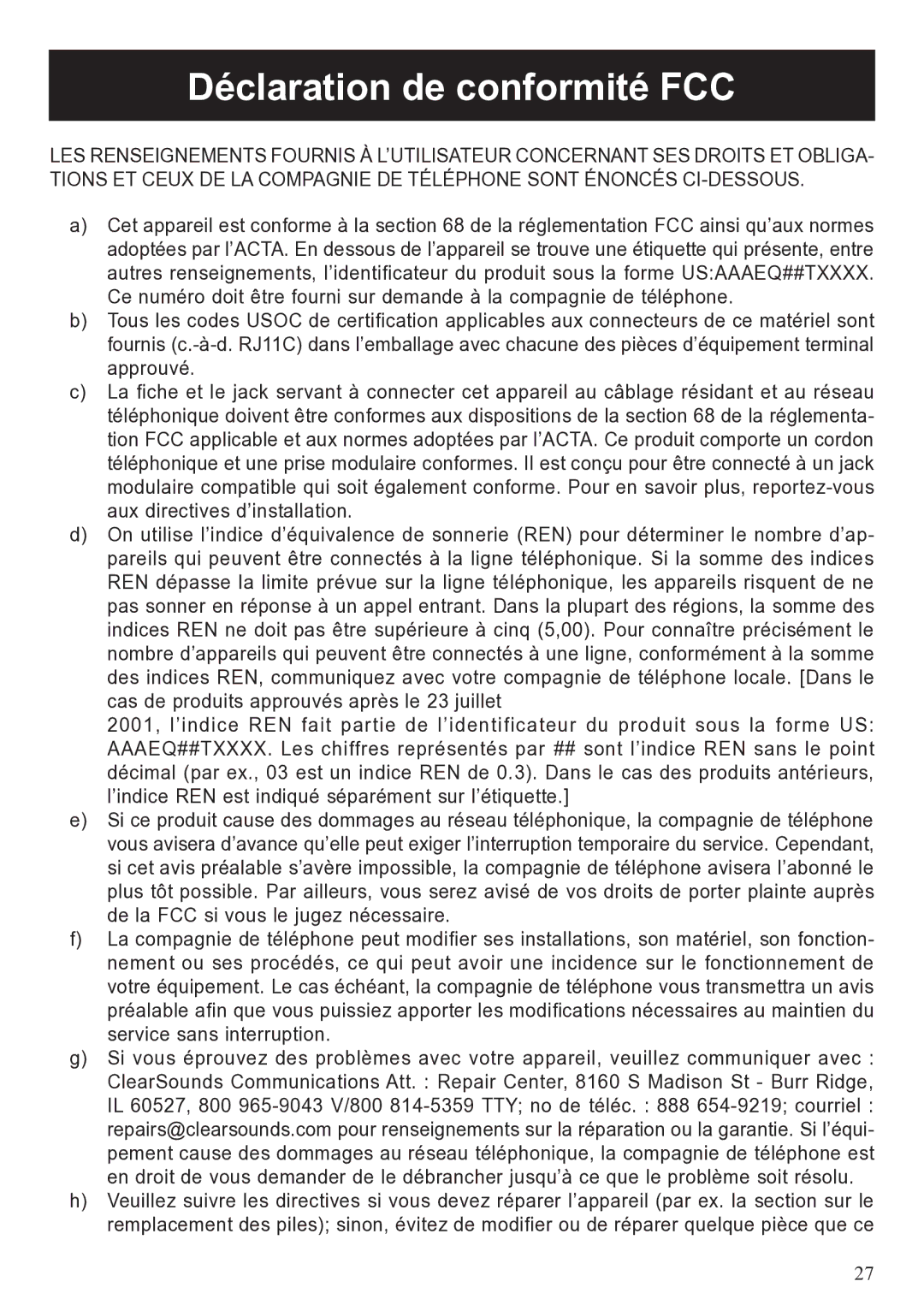 ClearSounds A50 user manual Déclaration de conformité FCC 