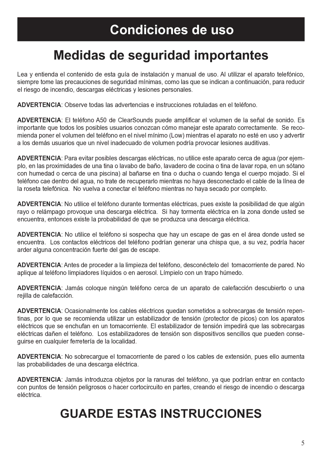 ClearSounds A50 user manual Condiciones de uso, Medidas de seguridad importantes 