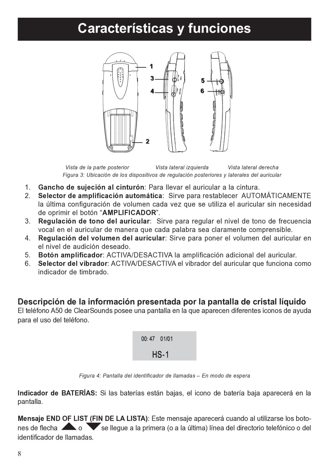 ClearSounds A50 user manual Características y funciones 