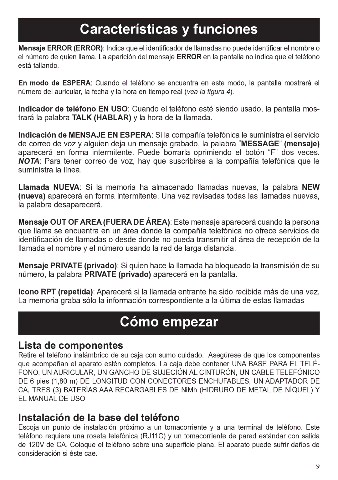 ClearSounds A50 user manual Cómo empezar, Lista de componentes, Instalación de la base del teléfono 