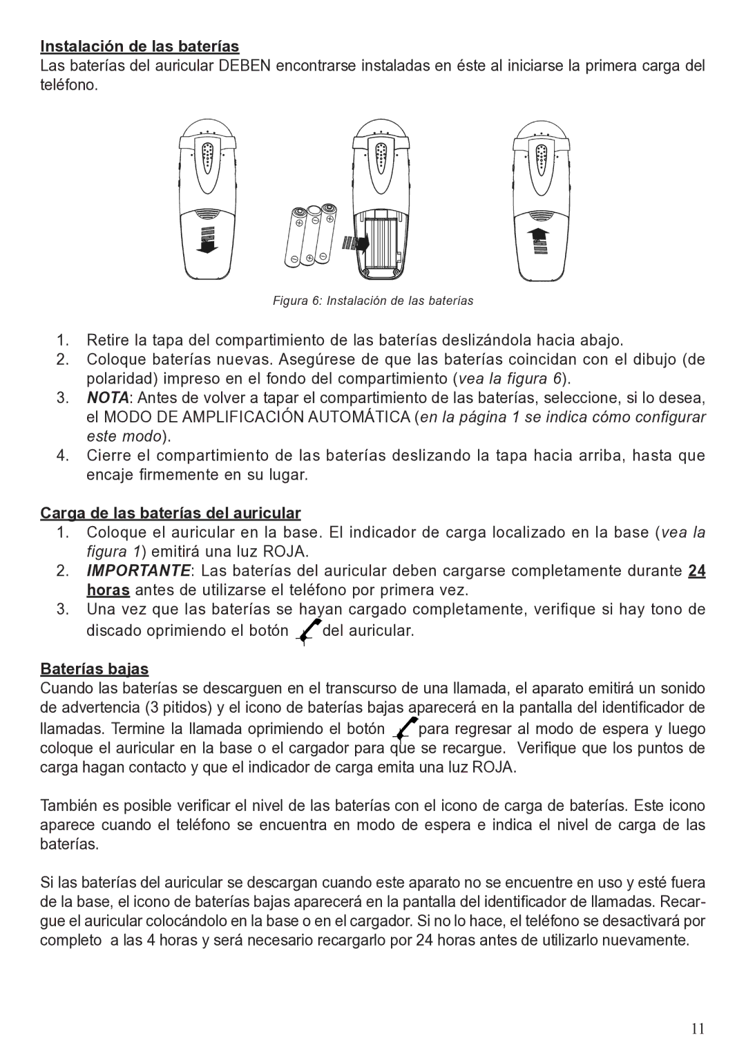 ClearSounds A50 user manual Instalación de las baterías, Carga de las baterías del auricular, Baterías bajas 