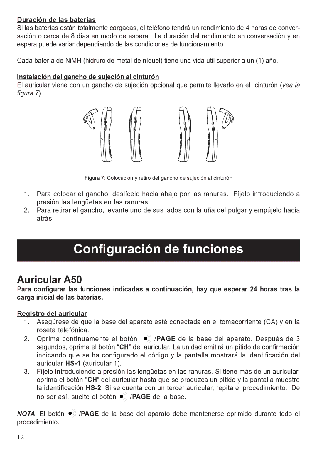 ClearSounds user manual Configuración de funciones, Auricular A50, Duración de las baterías 