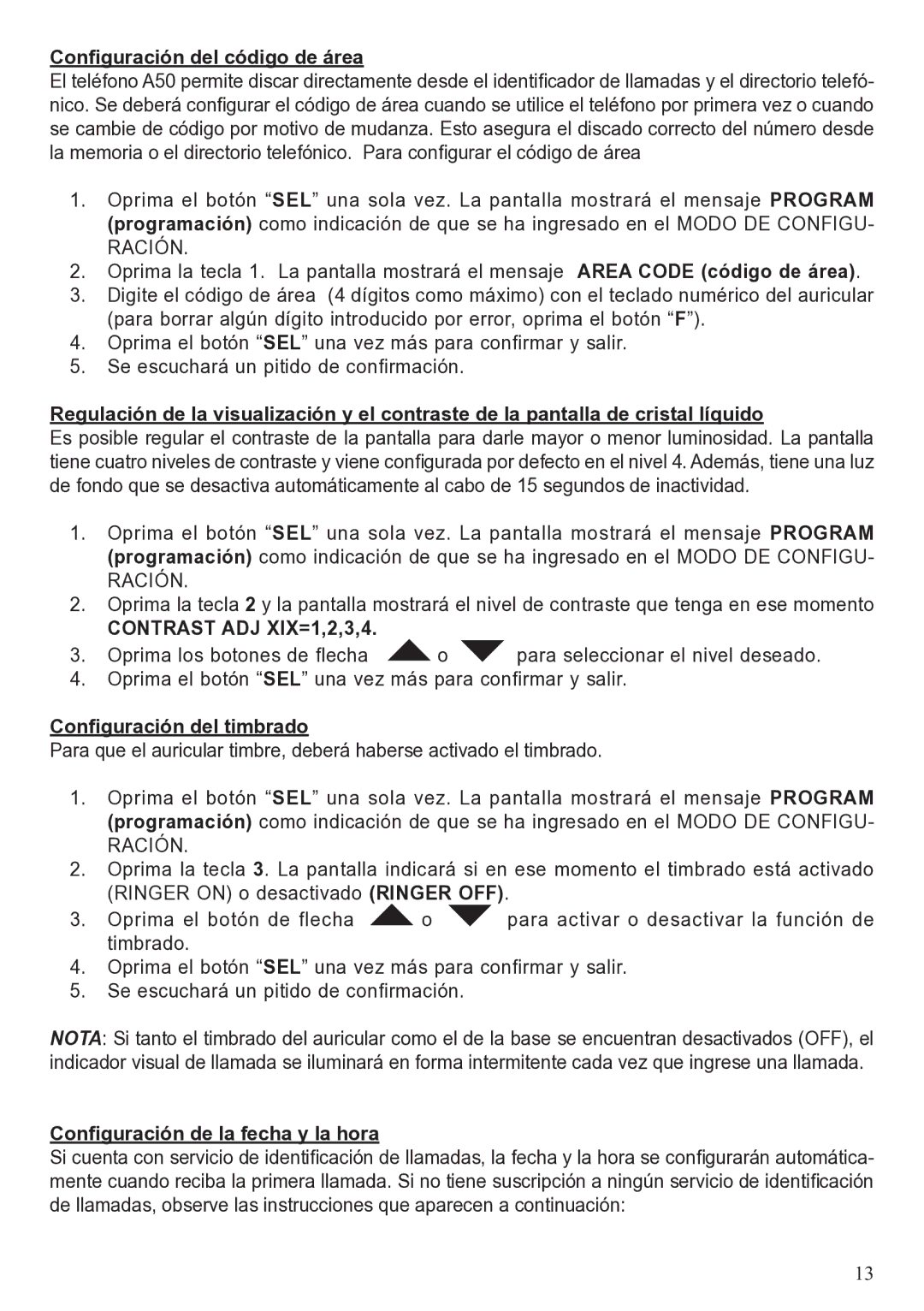 ClearSounds A50 Configuración del código de área, Configuración del timbrado, Configuración de la fecha y la hora 