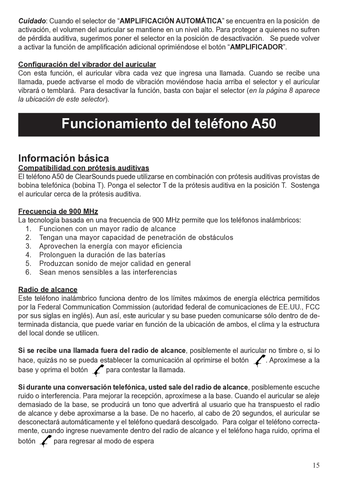 ClearSounds user manual Funcionamiento del teléfono A50, Información básica 