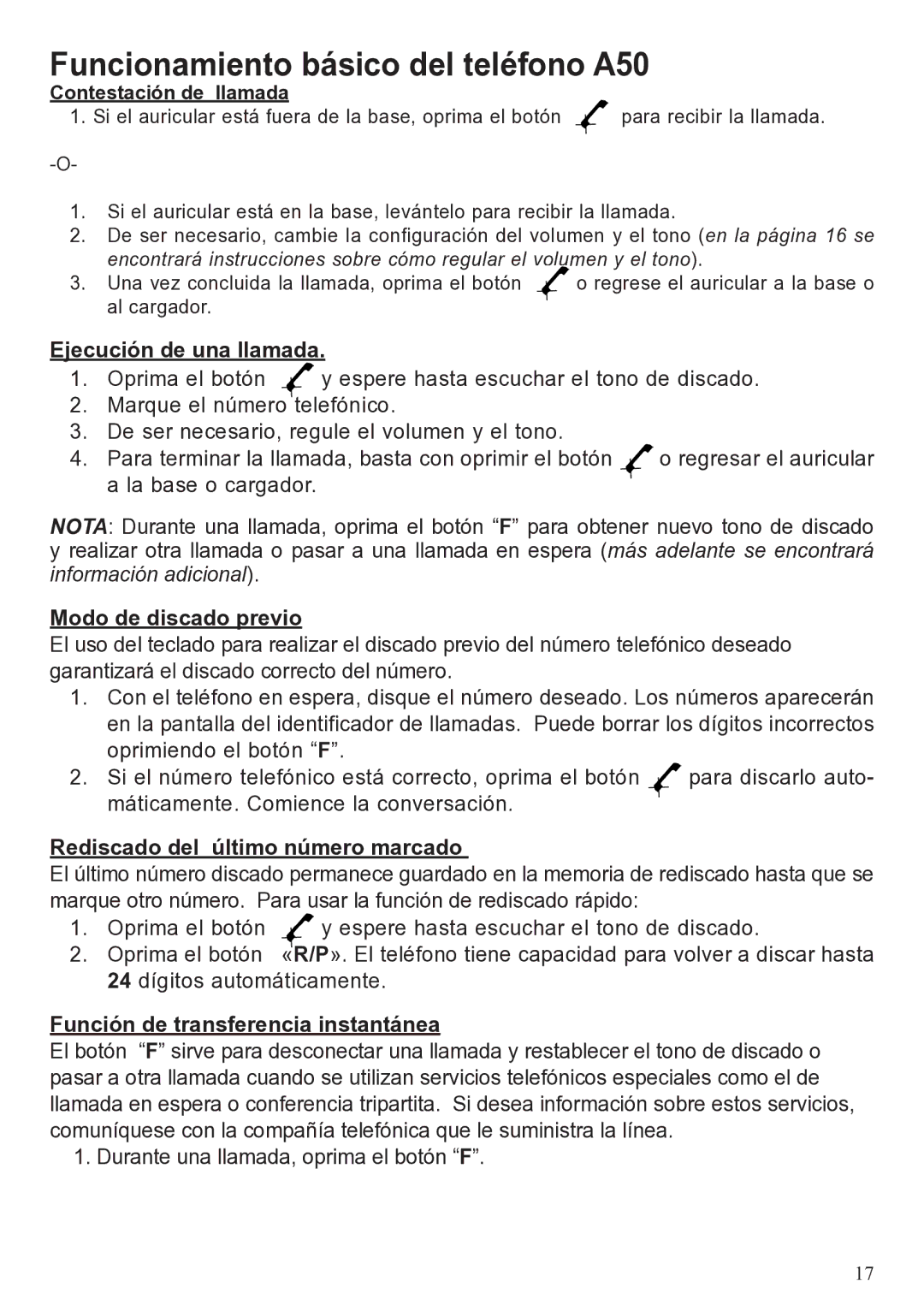 ClearSounds A50 user manual Ejecución de una llamada, Modo de discado previo, Rediscado del último número marcado 