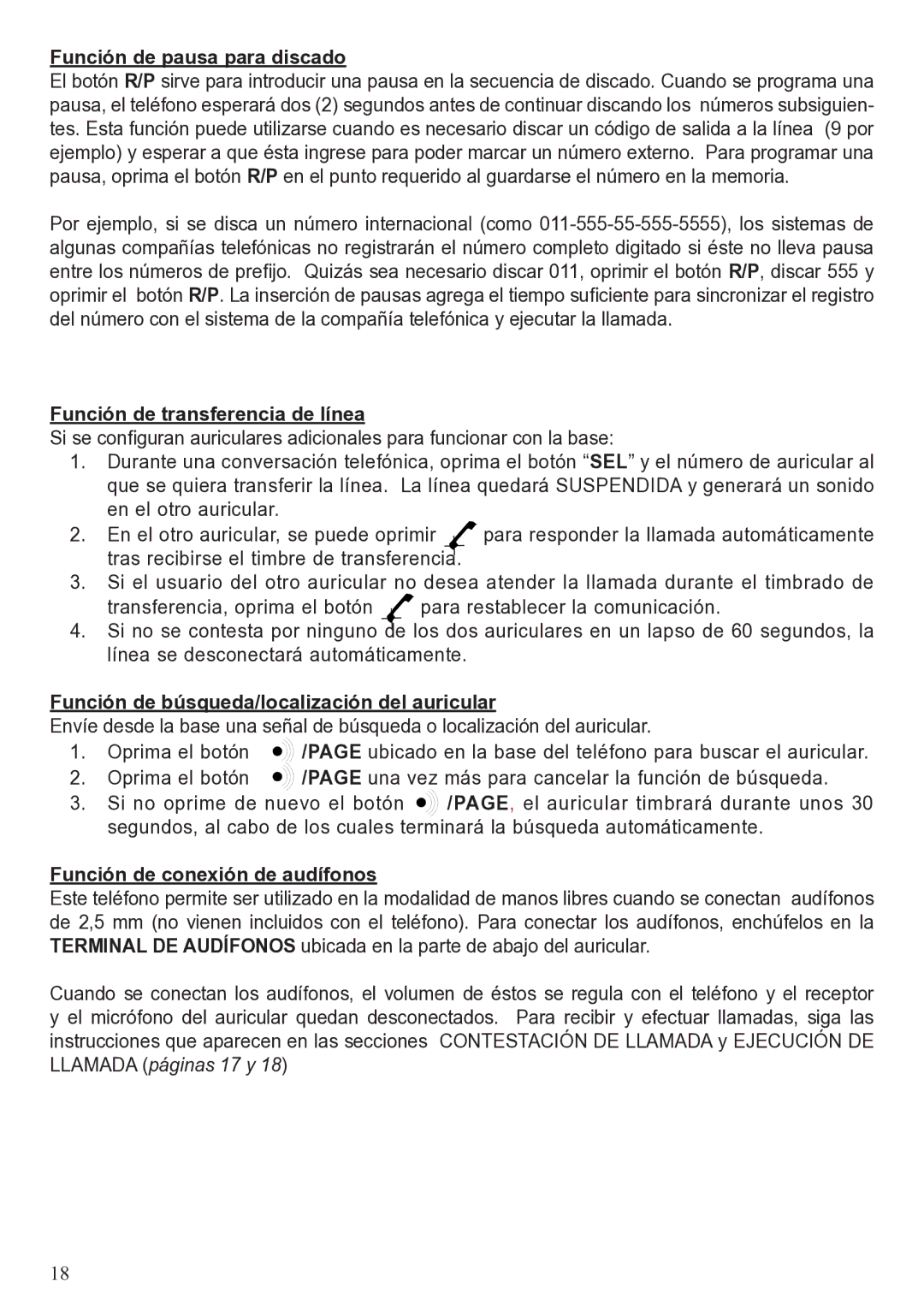 ClearSounds A50 Función de pausa para discado, Función de transferencia de línea, Función de conexión de audífonos 