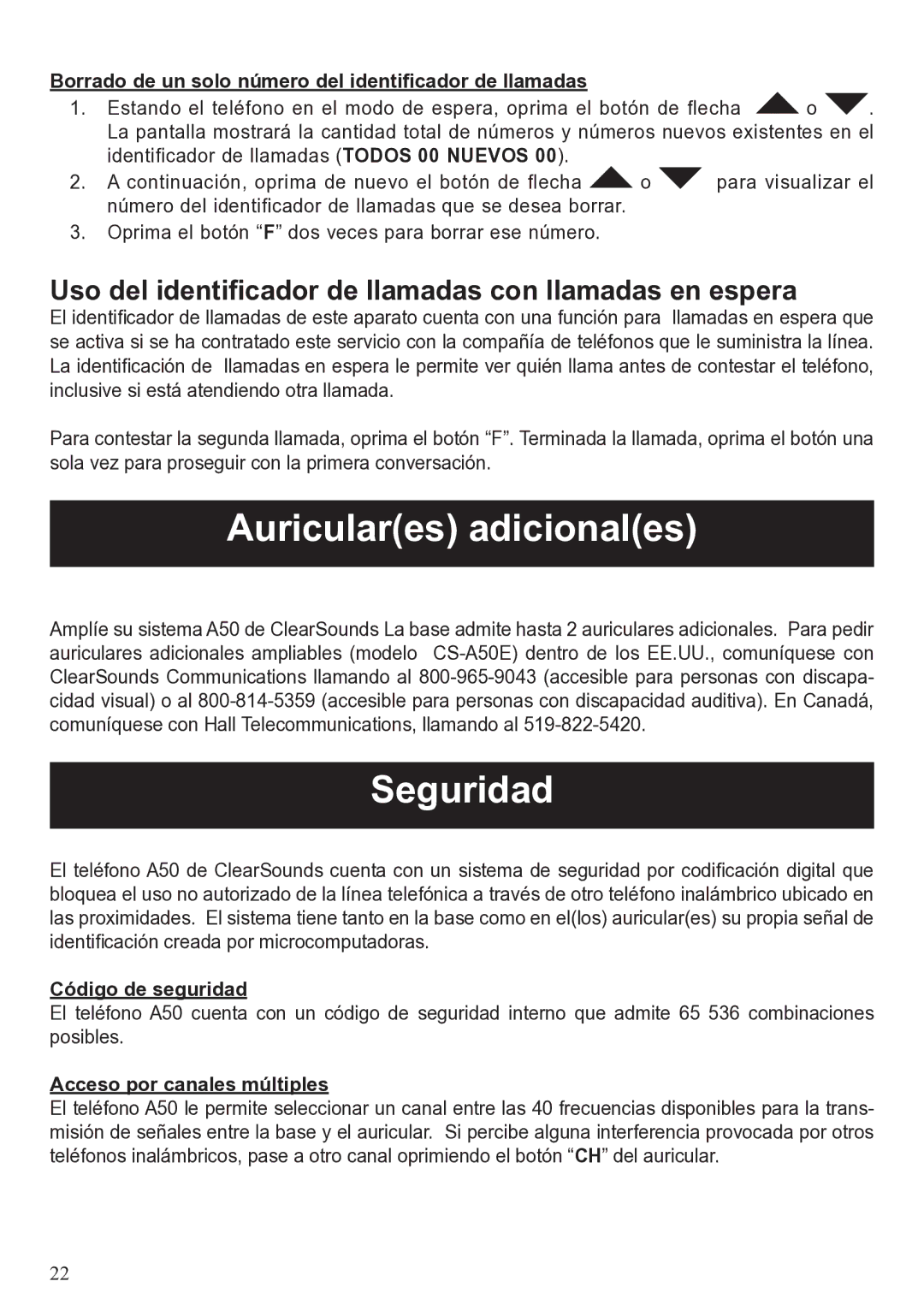 ClearSounds A50 user manual Auriculares adicionales, Seguridad, Uso del identificador de llamadas con llamadas en espera 