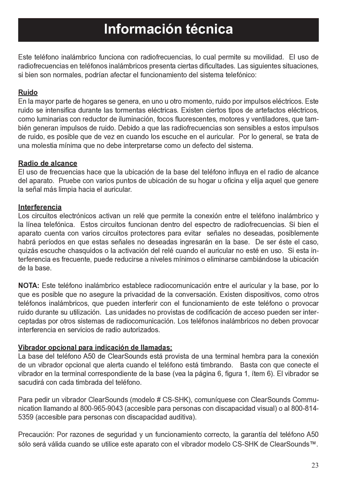 ClearSounds A50 user manual Información técnica, Ruido, Interferencia, Vibrador opcional para indicación de llamadas 