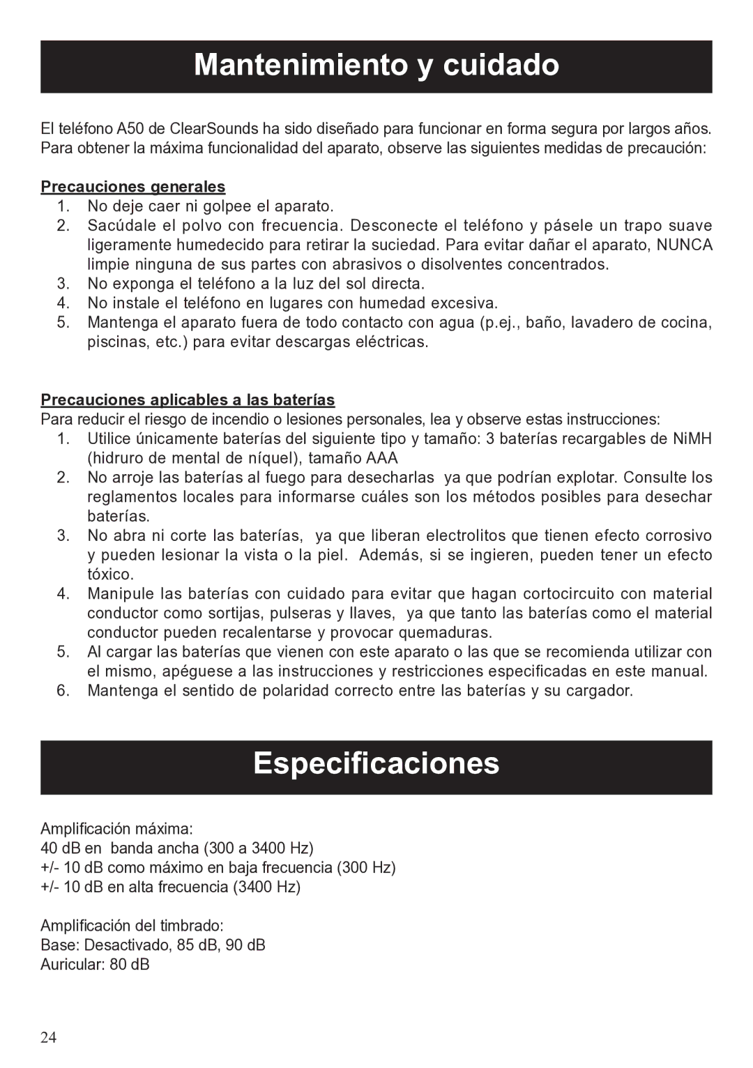 ClearSounds A50 Mantenimiento y cuidado, Especificaciones, Precauciones generales, Precauciones aplicables a las baterías 