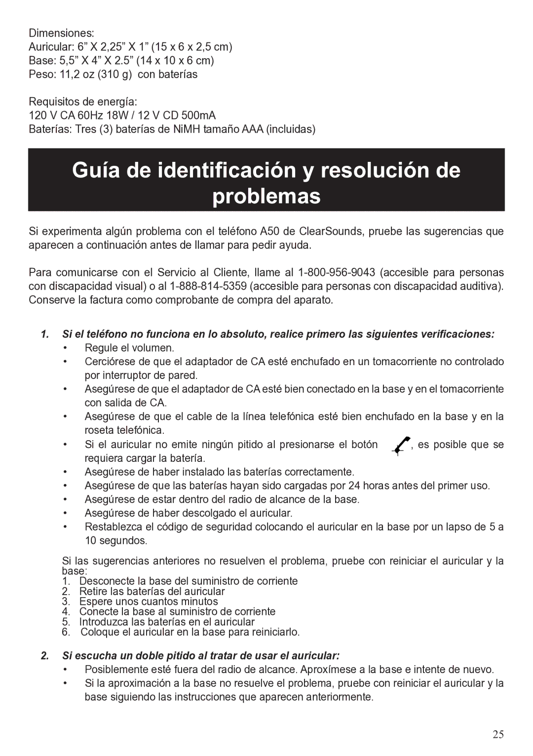 ClearSounds A50 user manual Guía de identificación y resolución de Problemas 