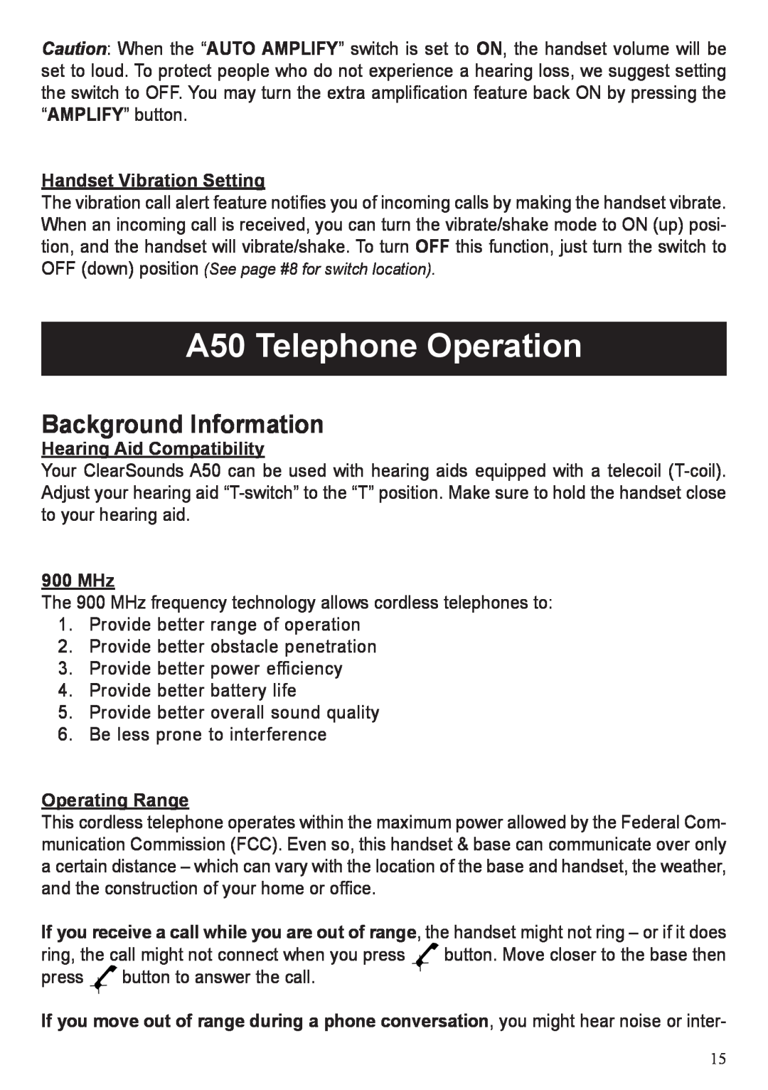 ClearSounds A50 Telephone Operation, Background Information, Handset Vibration Setting, Hearing Aid Compatibility 