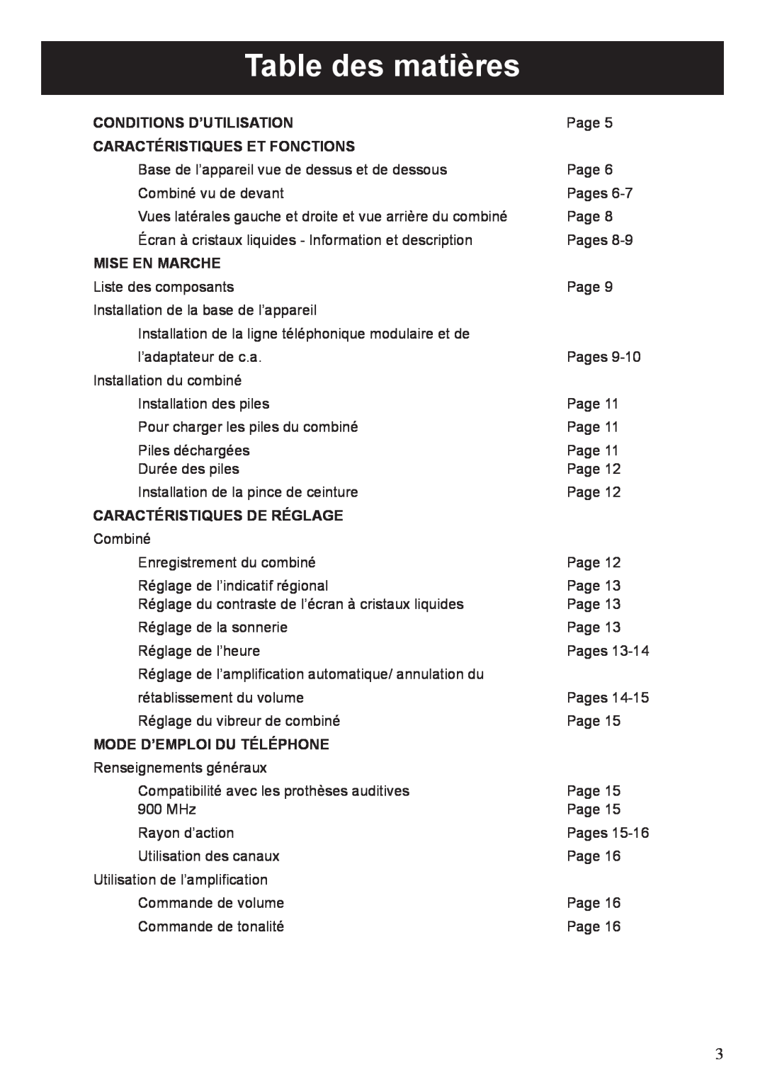 ClearSounds A50 user manual Table des matières, Conditions D’Utilisation, Caractéristiques Et Fonctions, Mise En Marche 