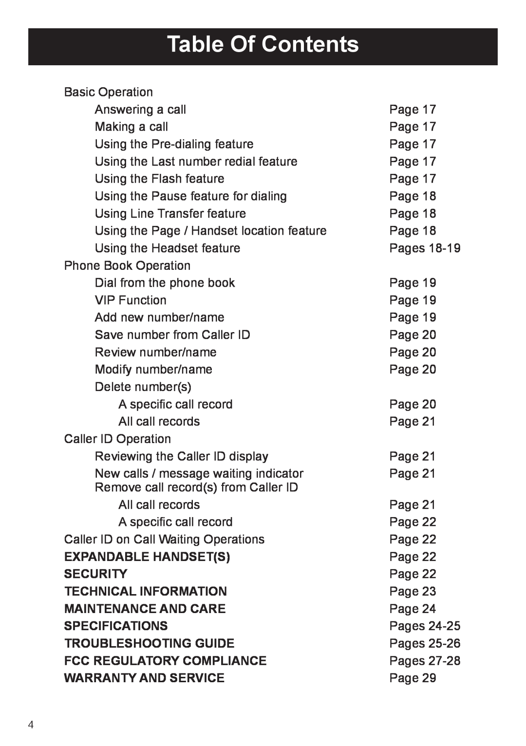 ClearSounds A50 user manual Table Of Contents, Expandable Handsets, Security, Technical Information, Maintenance And Care 
