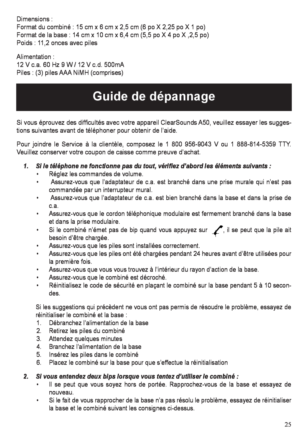 ClearSounds A50 user manual Guide de dépannage 