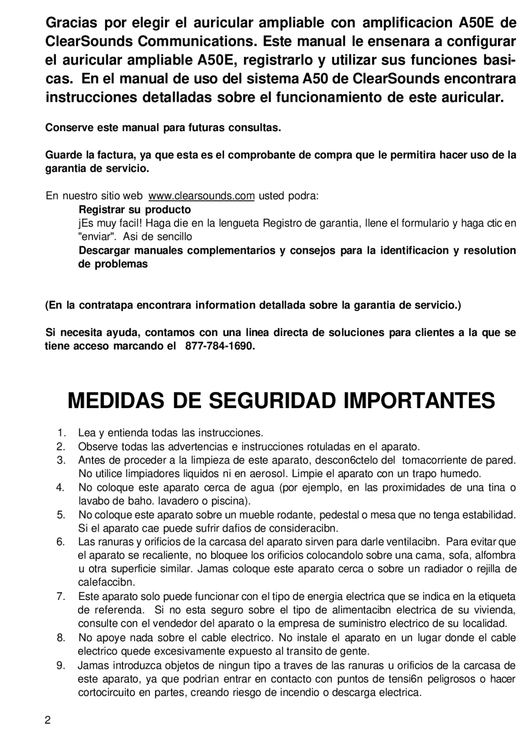 ClearSounds A50E user manual Medidas DE Seguridad Importantes 