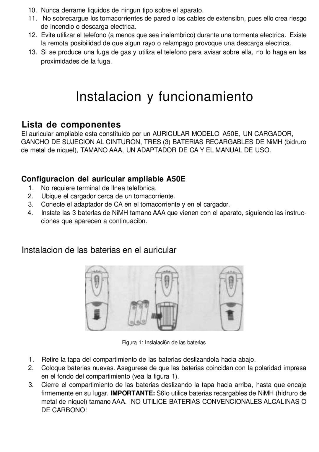 ClearSounds user manual Instalacion y funcionamiento, Lista de componentes, Configuracion del auricular ampliable A50E 