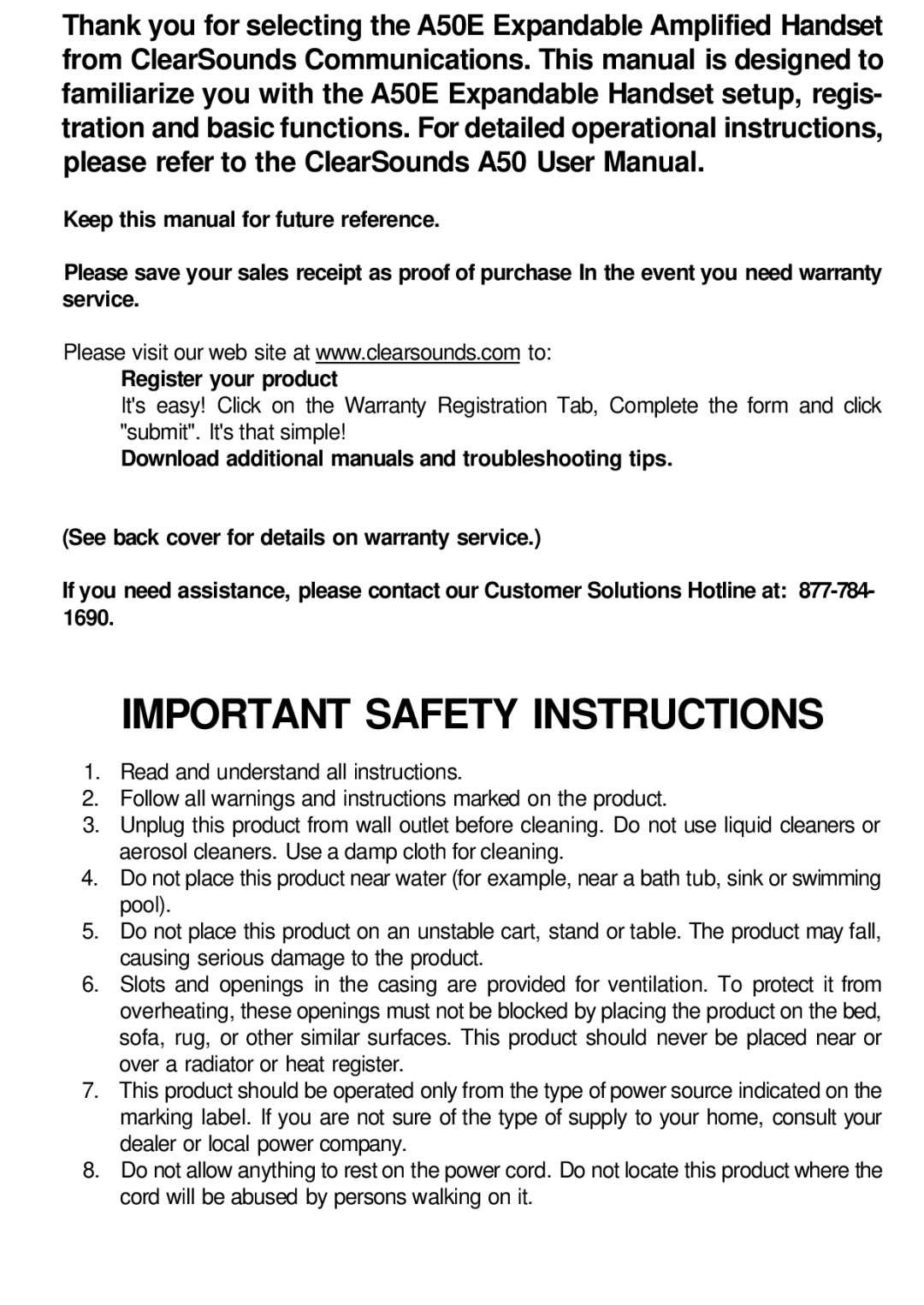 ClearSounds A50E user manual Important Safety Instructions 