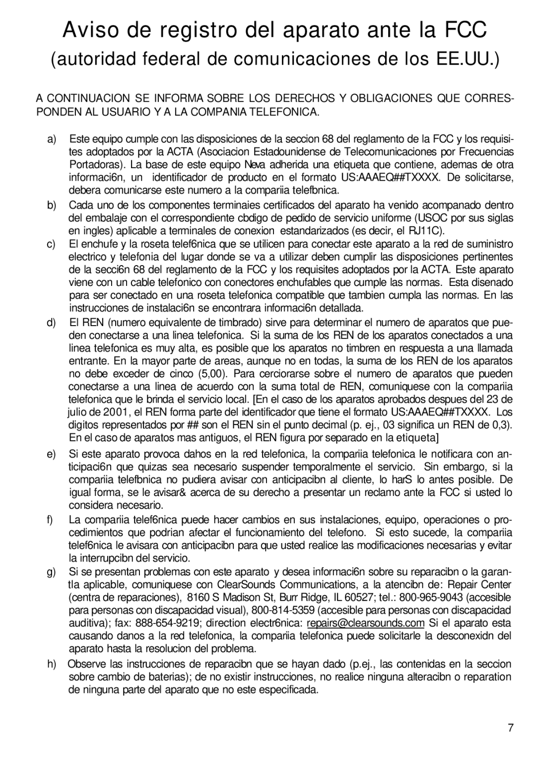 ClearSounds A50E user manual Aviso de registro del aparato ante la FCC, Autoridad federal de comunicaciones de los EE.UU 