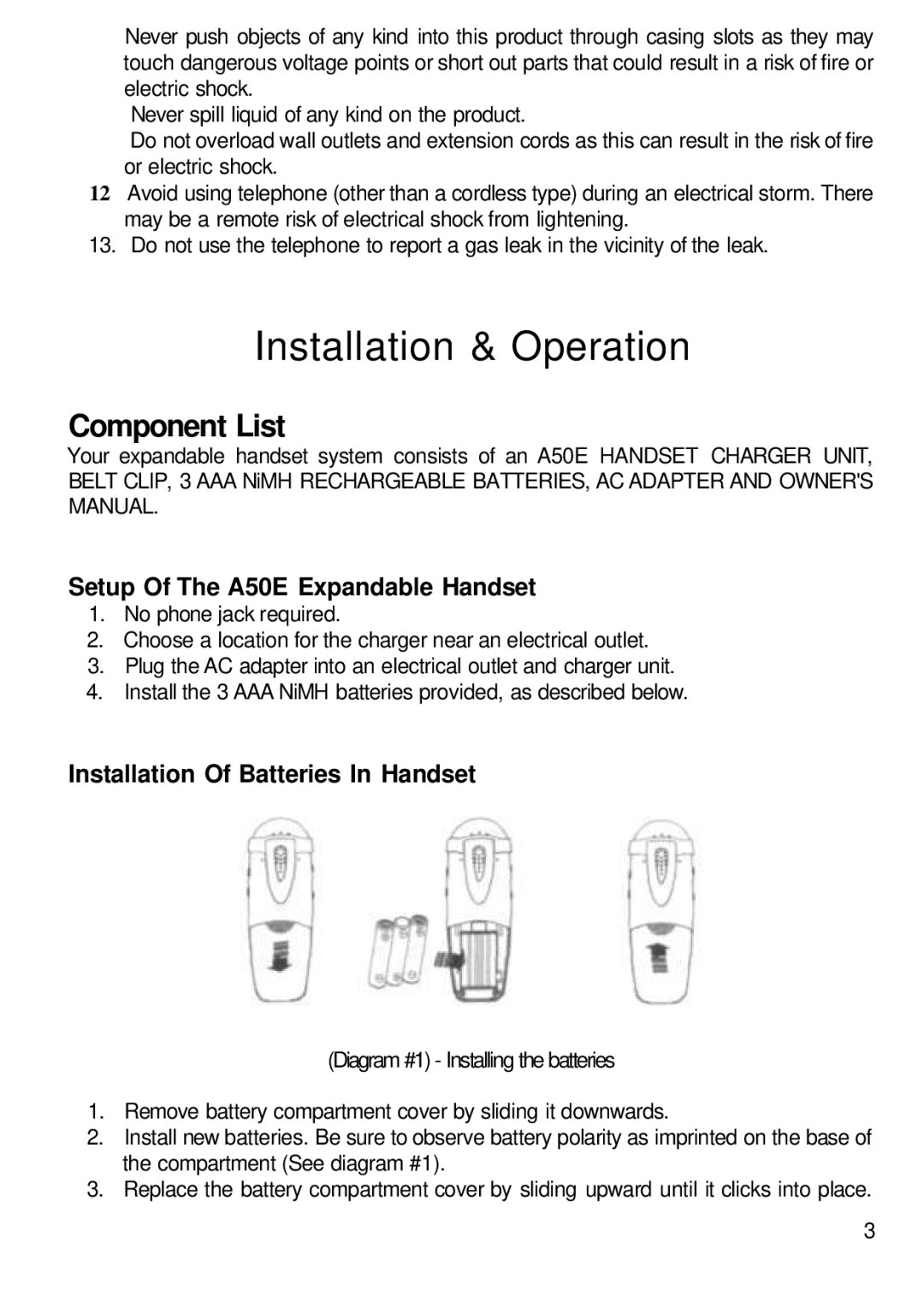 ClearSounds Installation & Operation, Setup Of The A50E Expandable Handset, Installation Of Batteries In Handset 