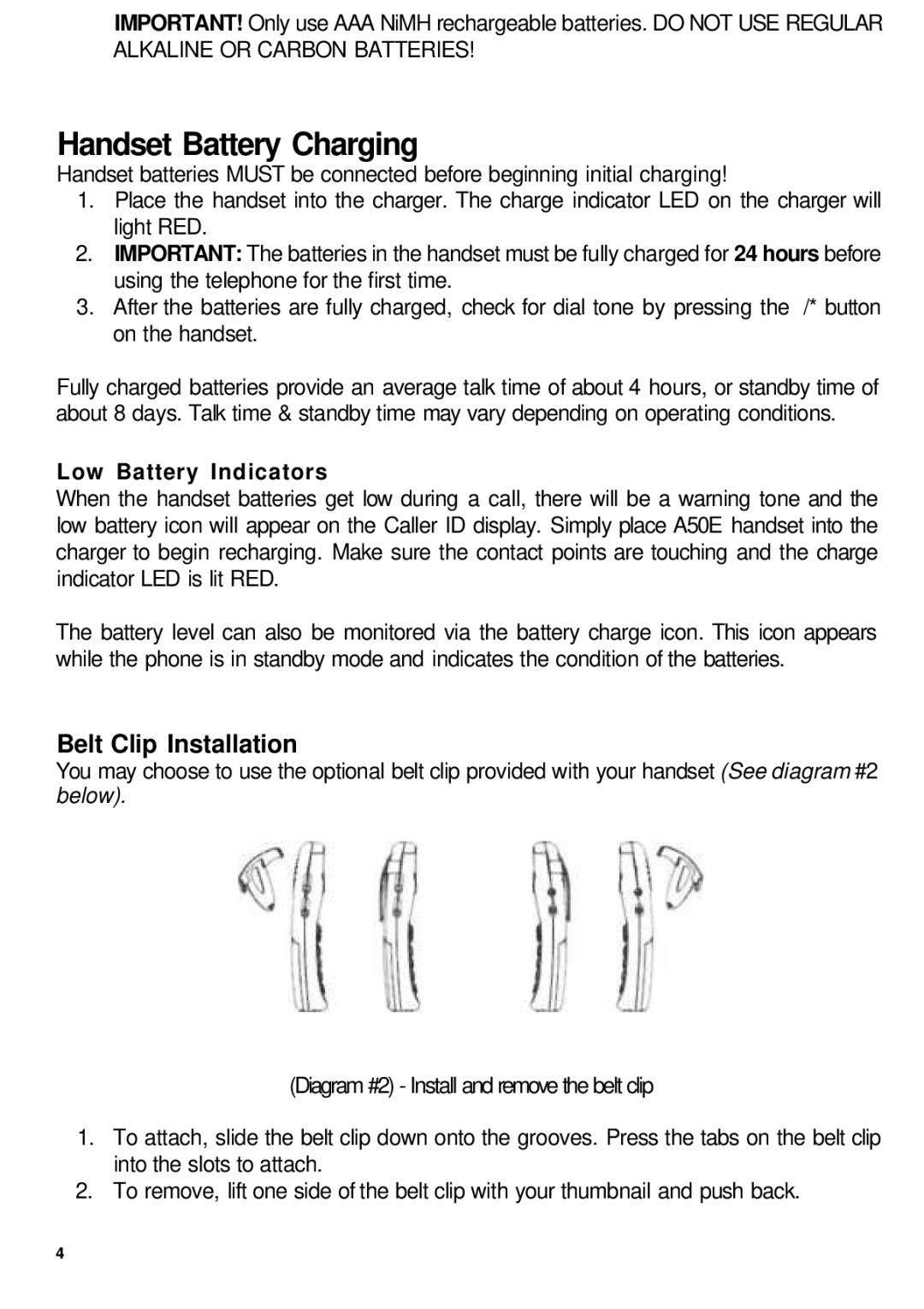 ClearSounds A50E user manual Belt Clip Installation, Low Battery Indicators 