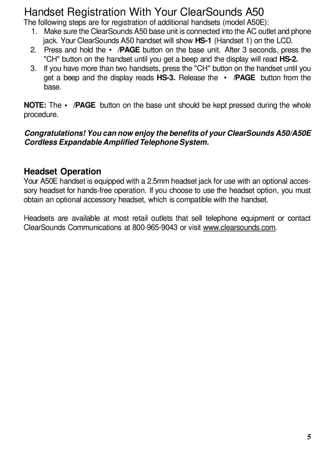 ClearSounds A50E user manual Handset Registration With Your ClearSounds A50, Headset Operation 