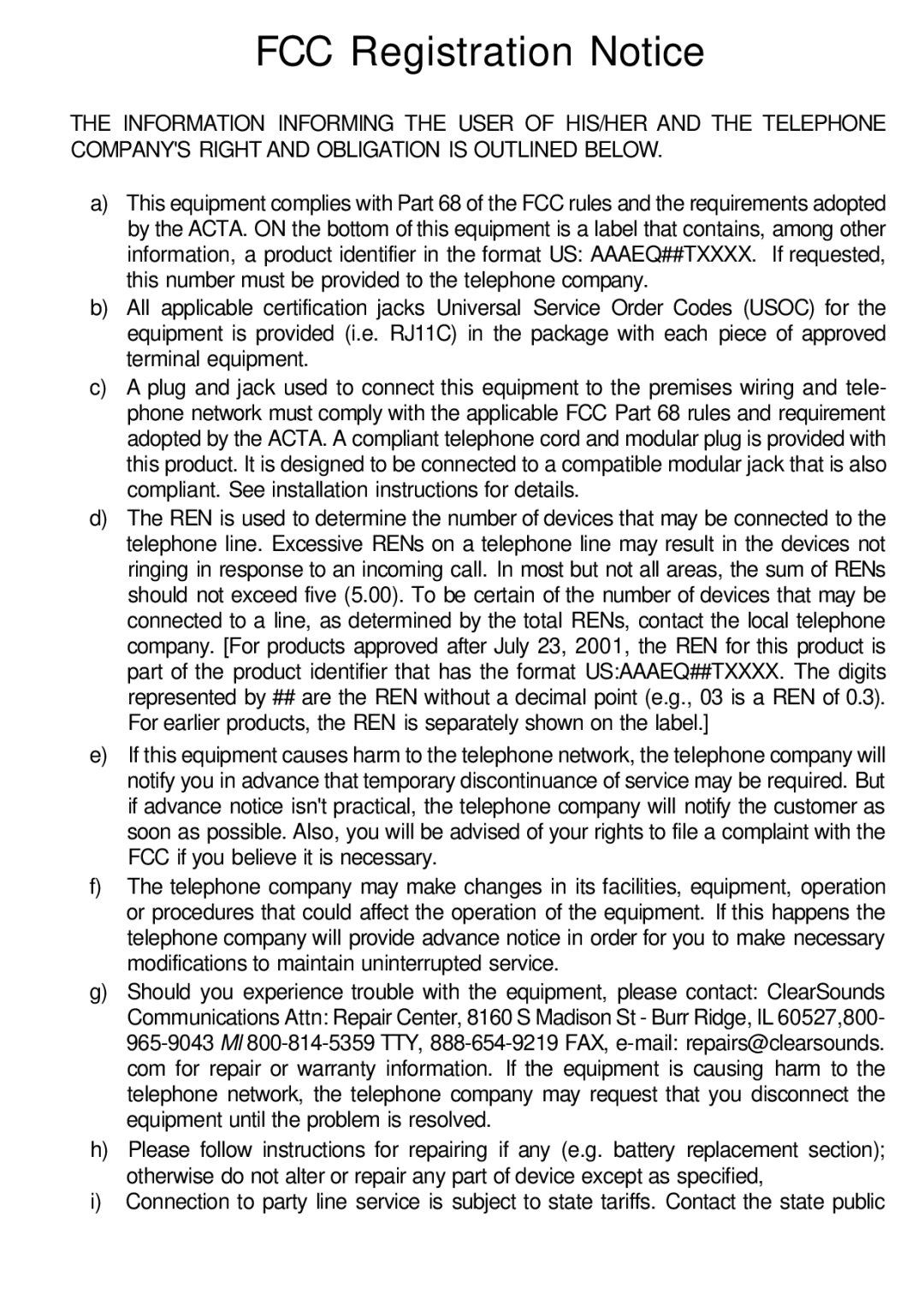 ClearSounds A50E user manual FCC Registration Notice 