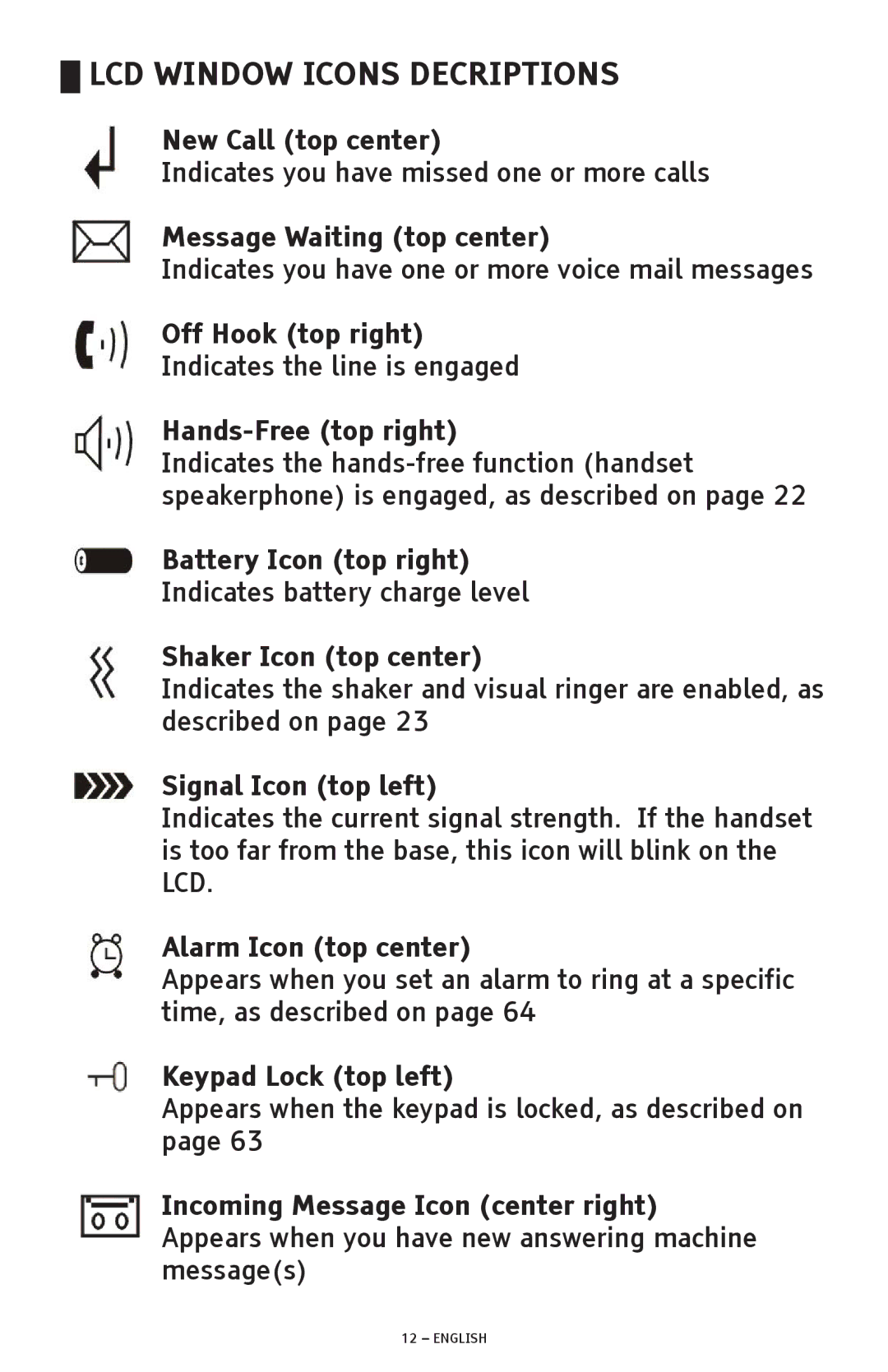 ClearSounds A600 manual New Call top center, Message Waiting top center, Off Hook top right, Hands-Free top right 