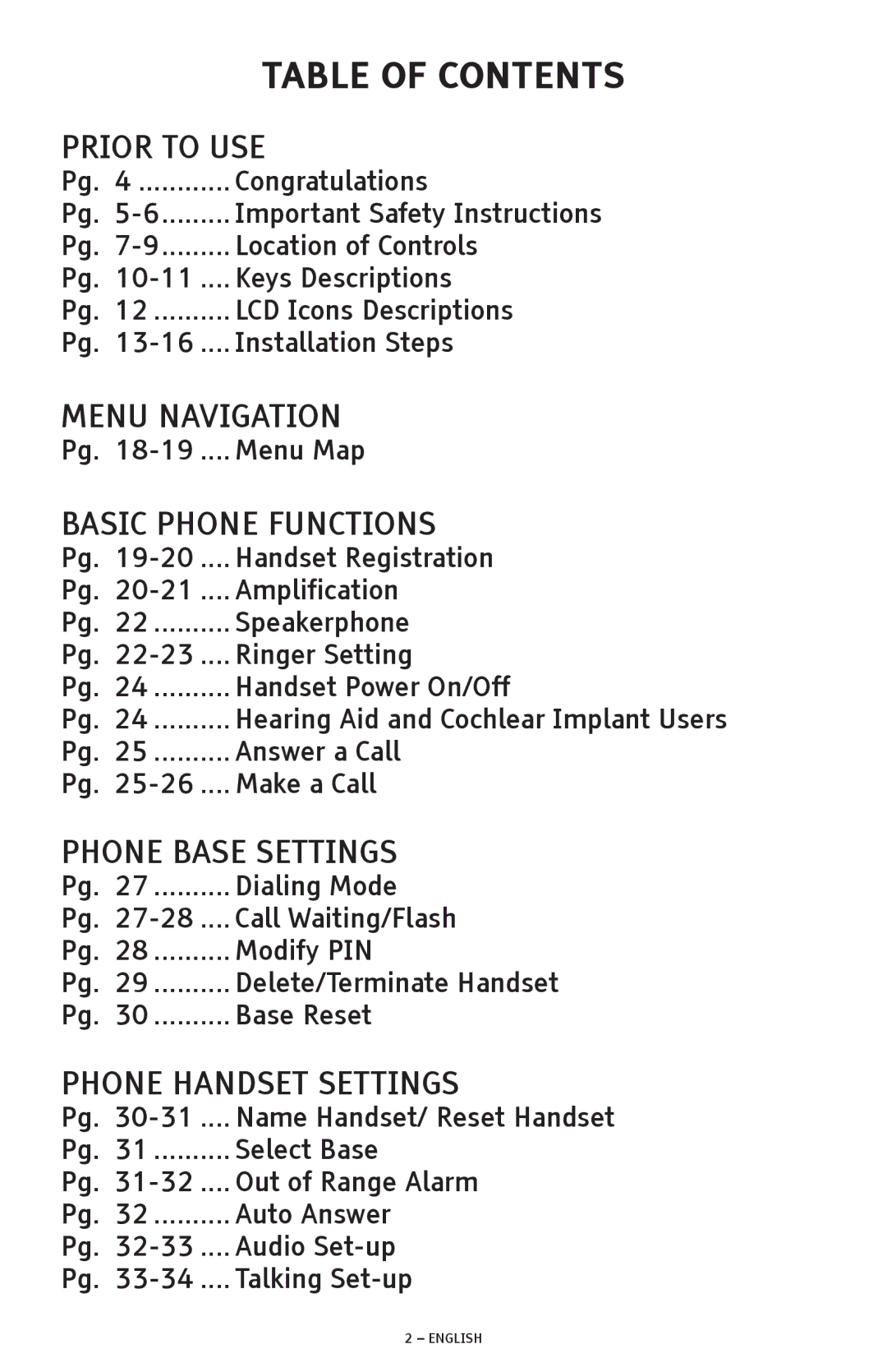 ClearSounds A600 manual Table of Contents 