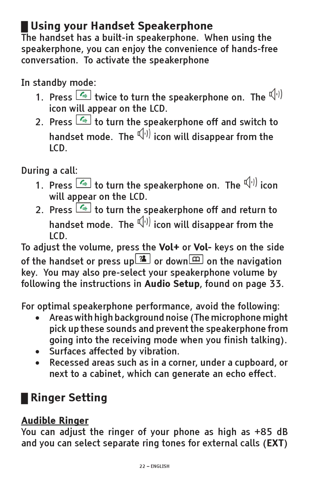 ClearSounds A600 manual Using your Handset Speakerphone, Ringer Setting, Audible Ringer 