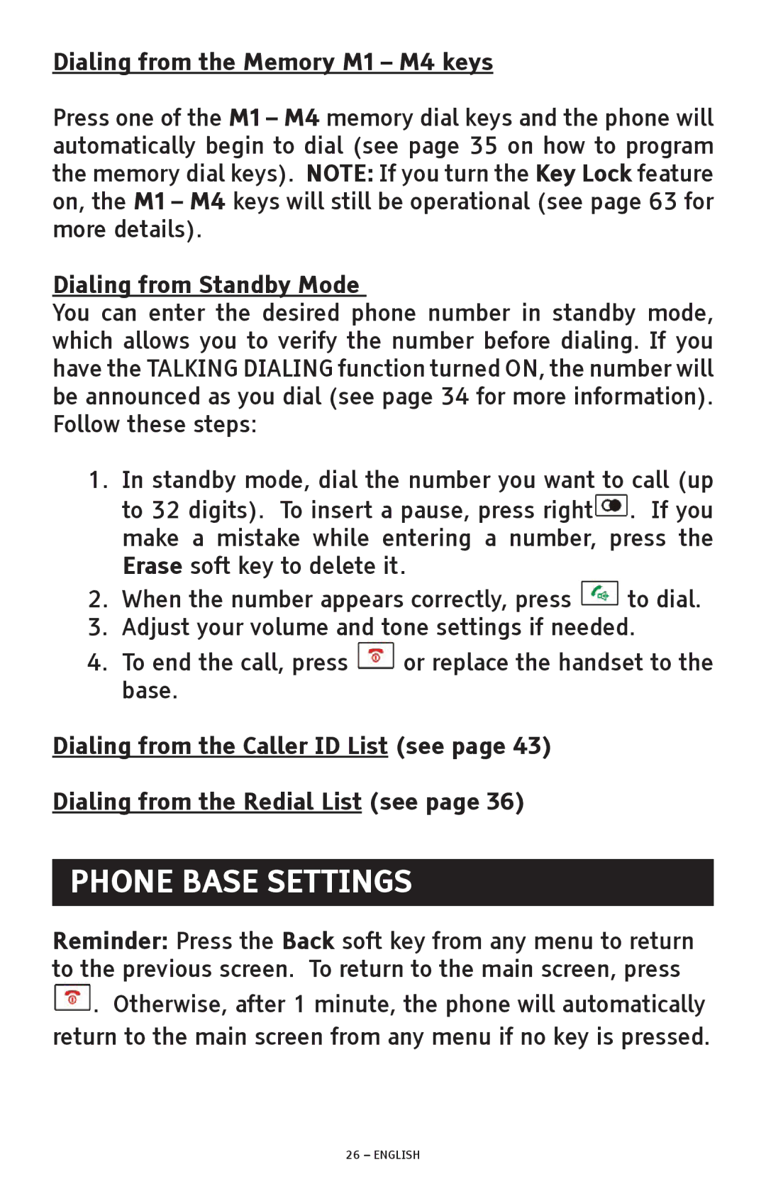 ClearSounds A600 manual Phone Base Settings, Dialing from the Memory M1 M4 keys, Dialing from Standby Mode 