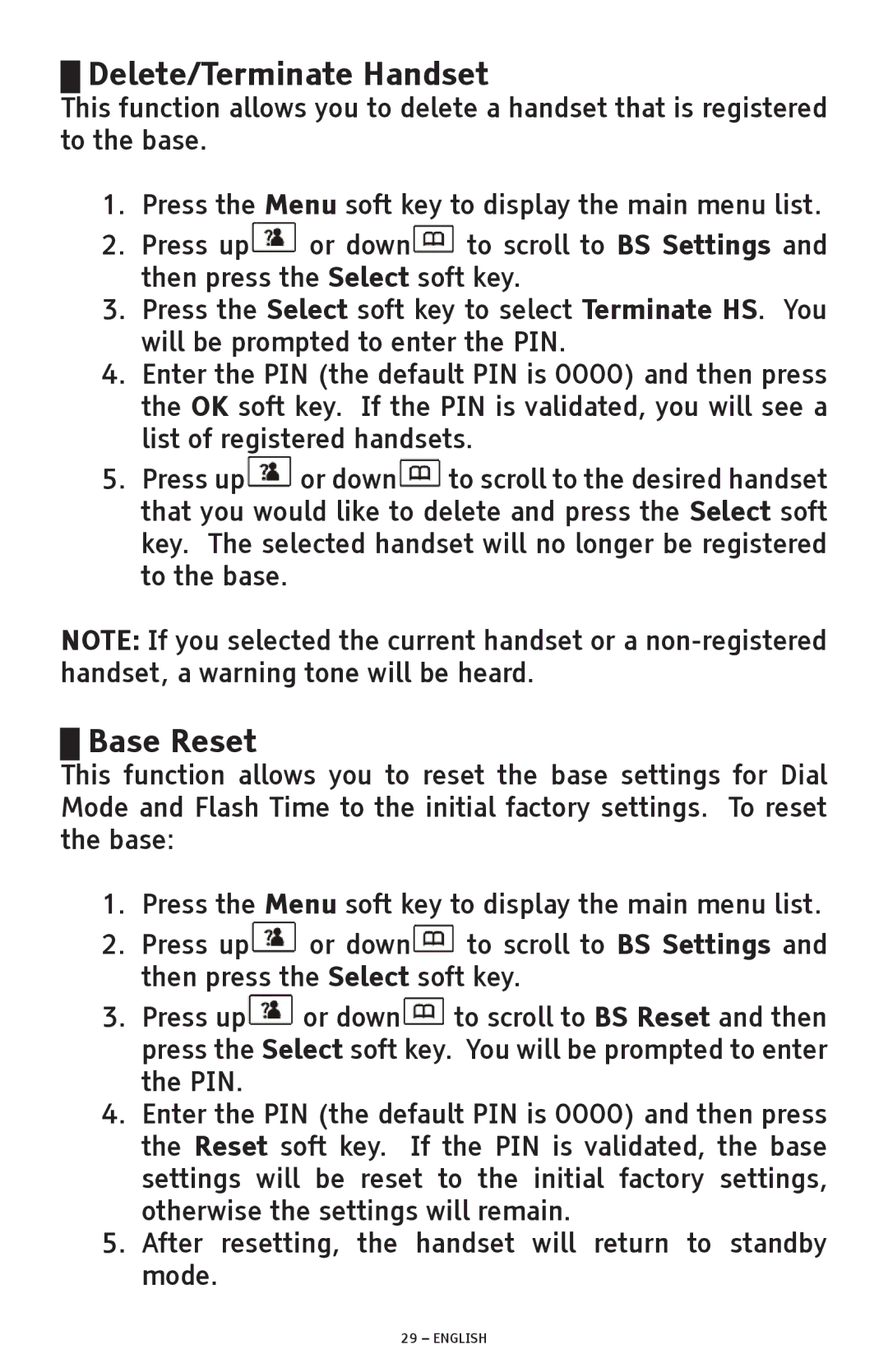 ClearSounds A600 manual Delete/Terminate Handset, Base Reset 