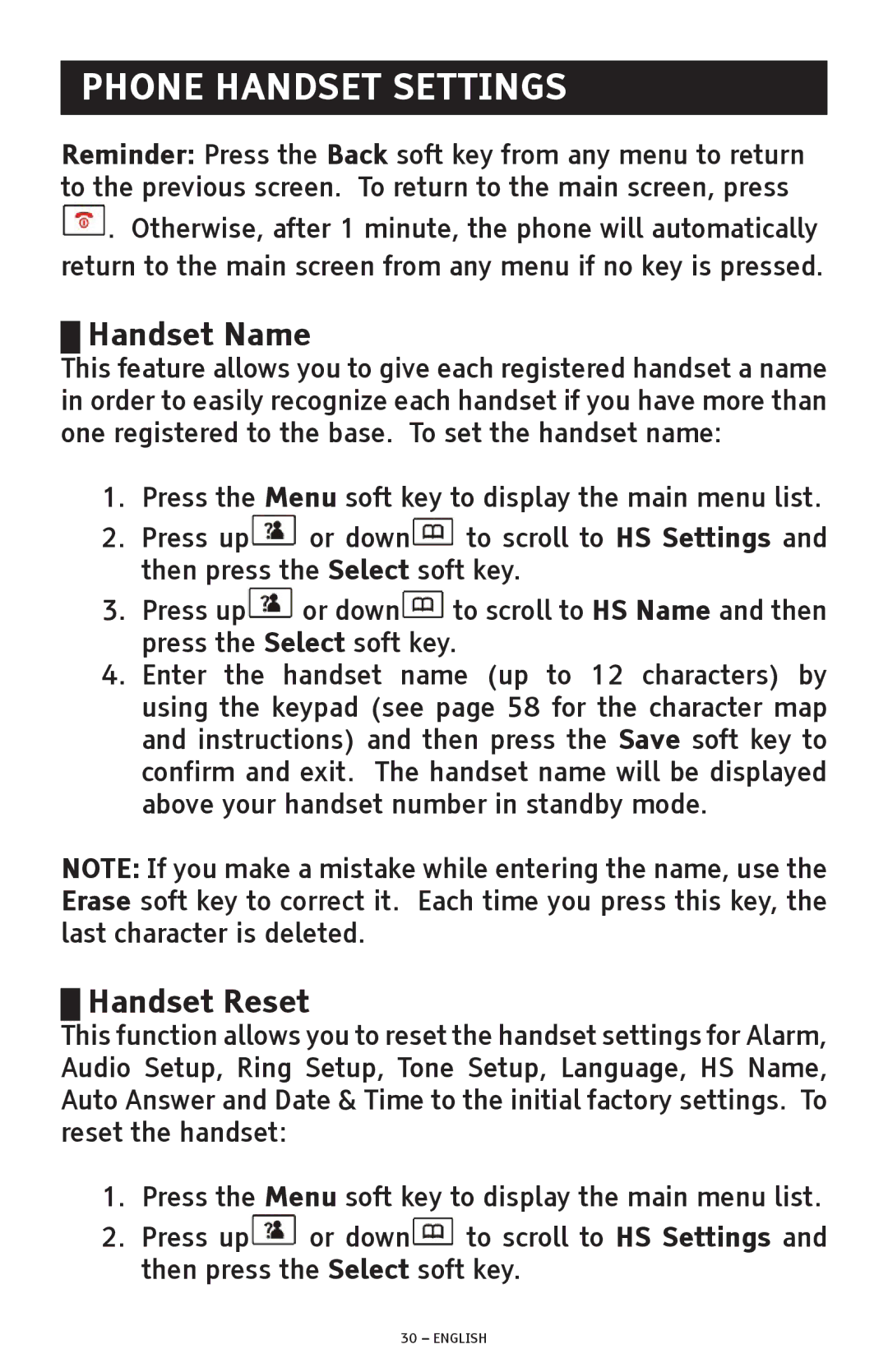 ClearSounds A600 manual Phone Handset Settings, Handset Name, Handset Reset 