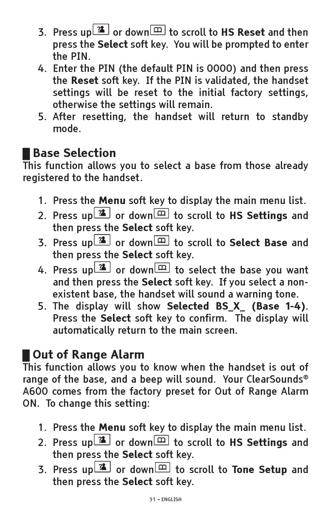 ClearSounds A600 manual Base Selection, Out of Range Alarm 