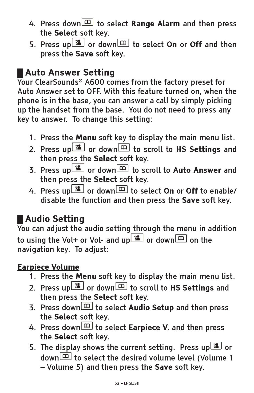 ClearSounds A600 manual Auto Answer Setting, Audio Setting, Earpiece Volume 