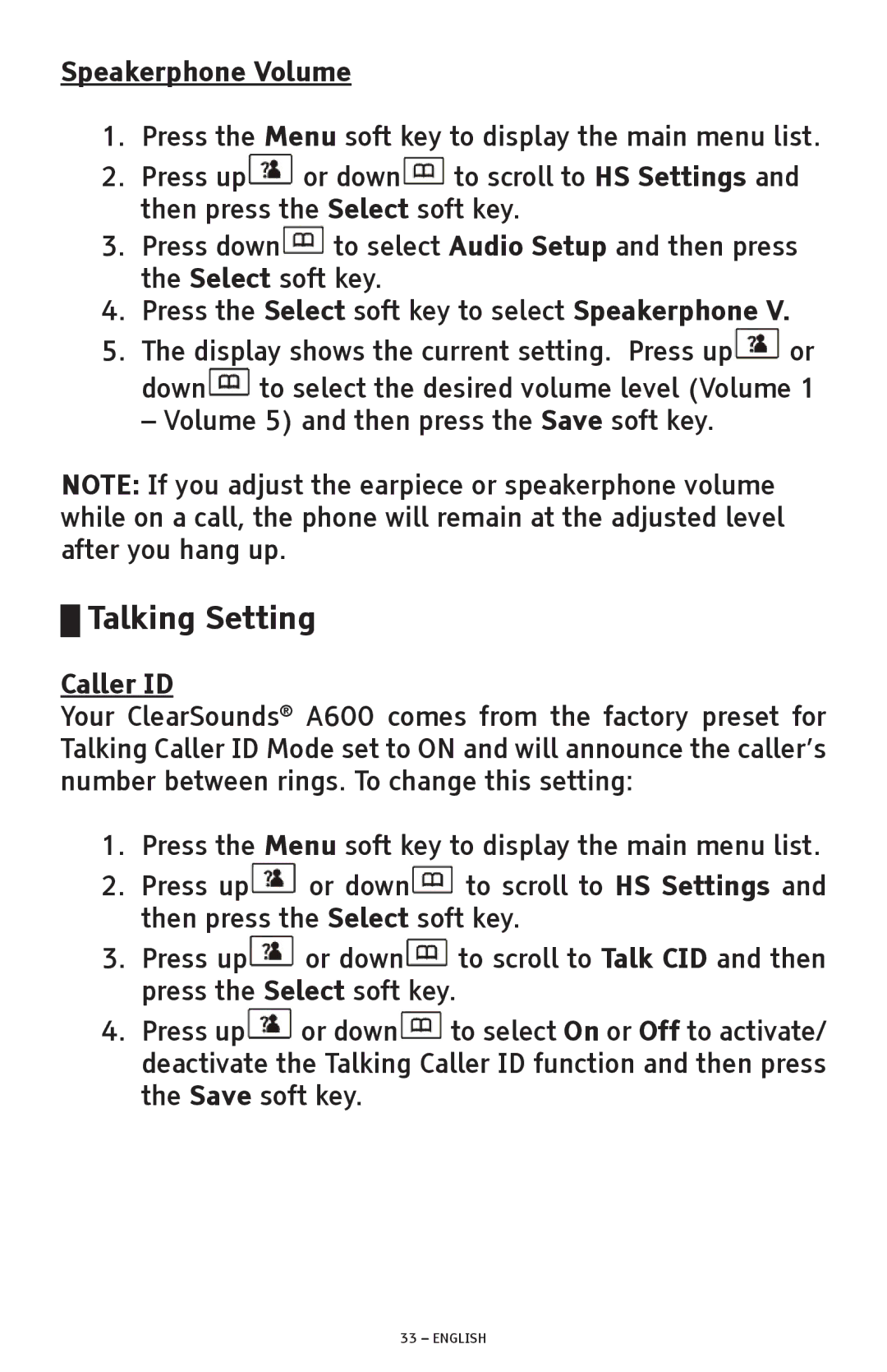 ClearSounds A600 manual Talking Setting, Speakerphone Volume, Caller ID 