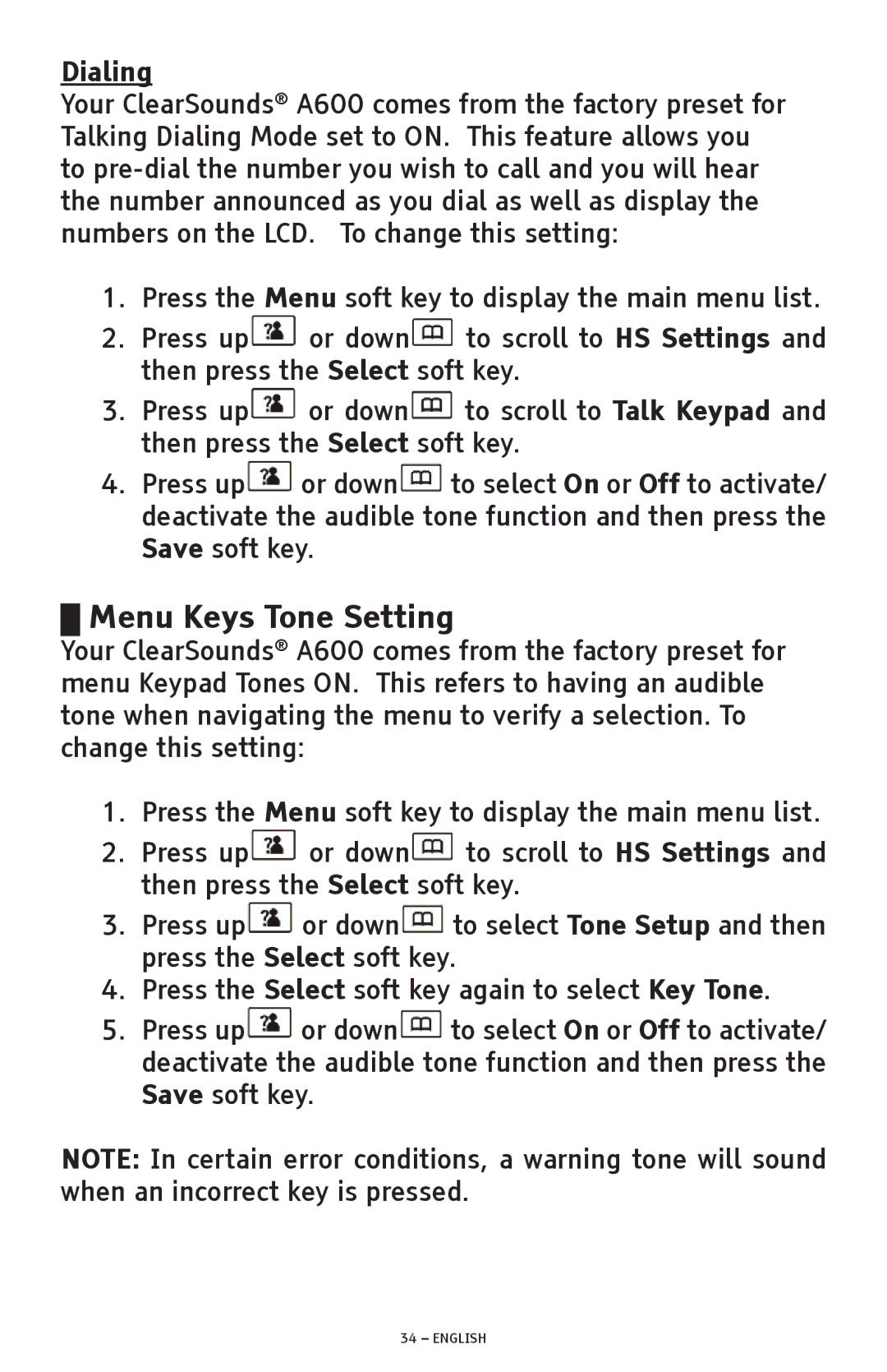 ClearSounds A600 manual Menu Keys Tone Setting, Dialing 