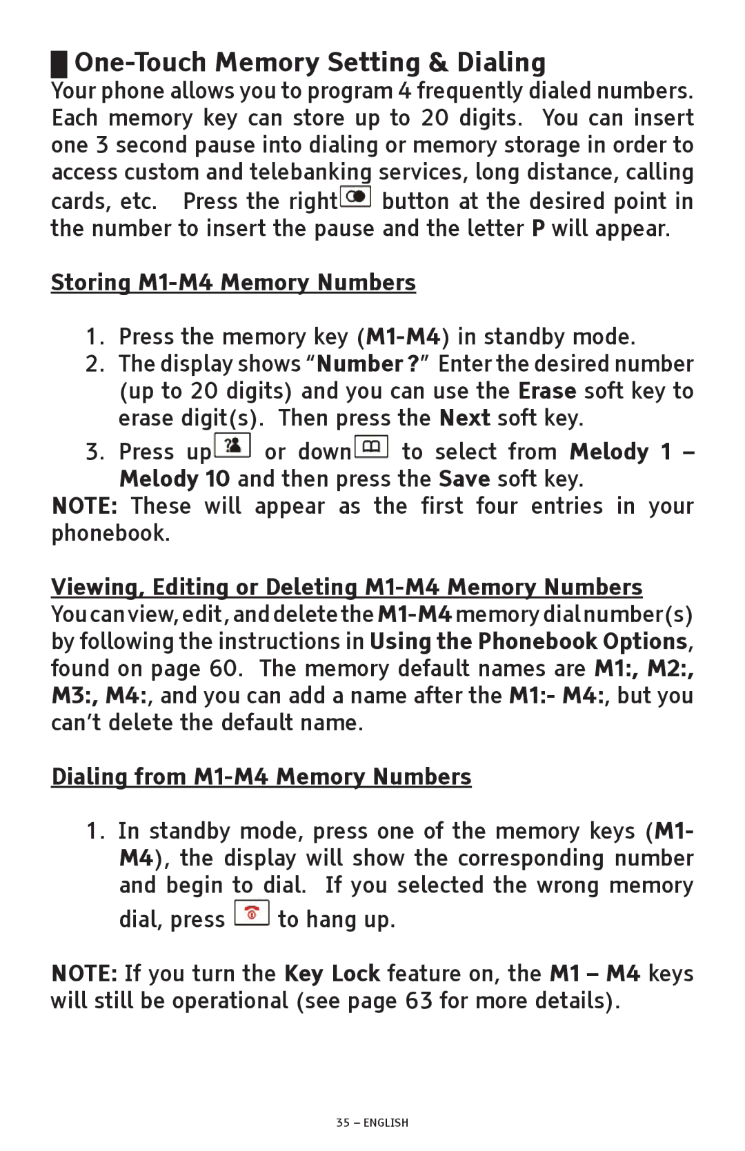 ClearSounds A600 manual One-Touch Memory Setting & Dialing, Storing M1-M4 Memory Numbers 