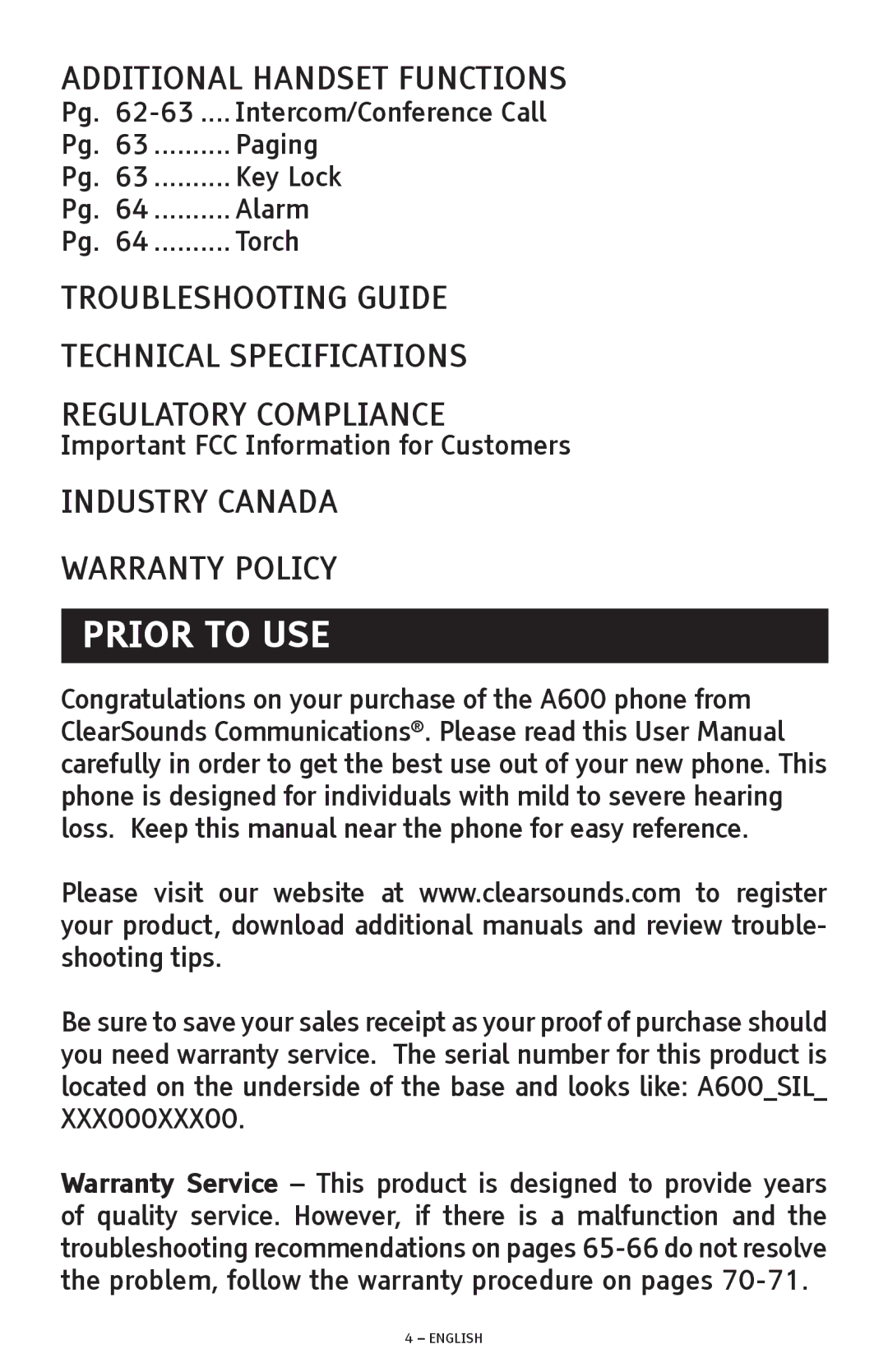 ClearSounds A600 manual Prior to USE 