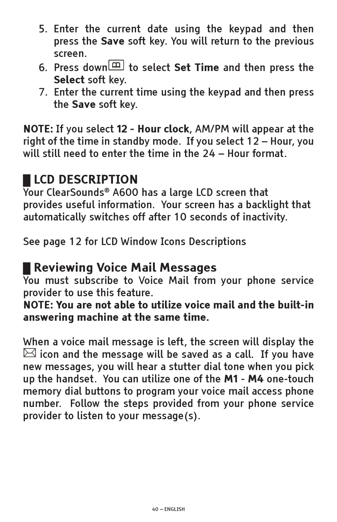 ClearSounds A600 manual LCD Description, Reviewing Voice Mail Messages 