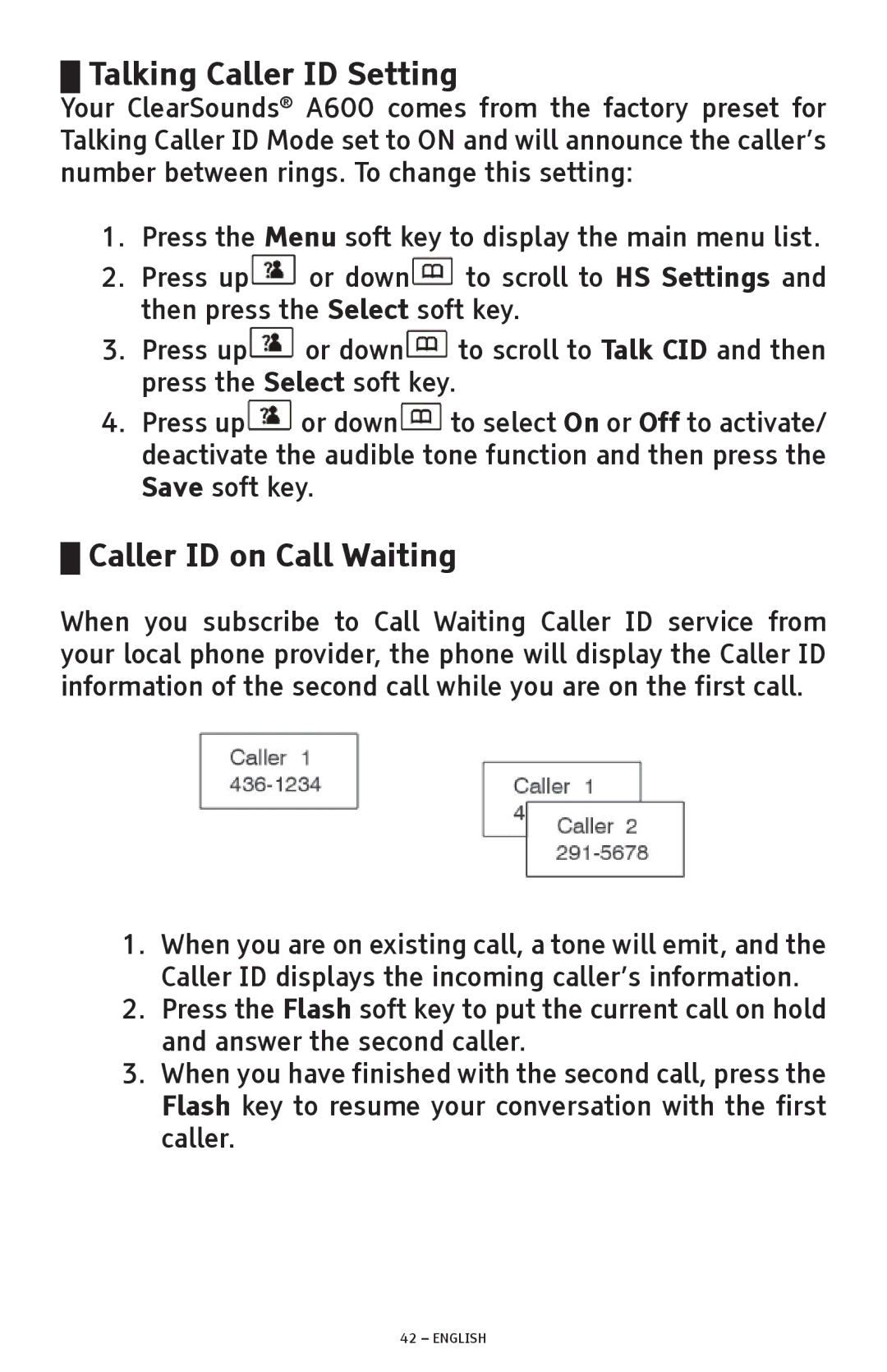 ClearSounds A600 manual Talking Caller ID Setting, Caller ID on Call Waiting 