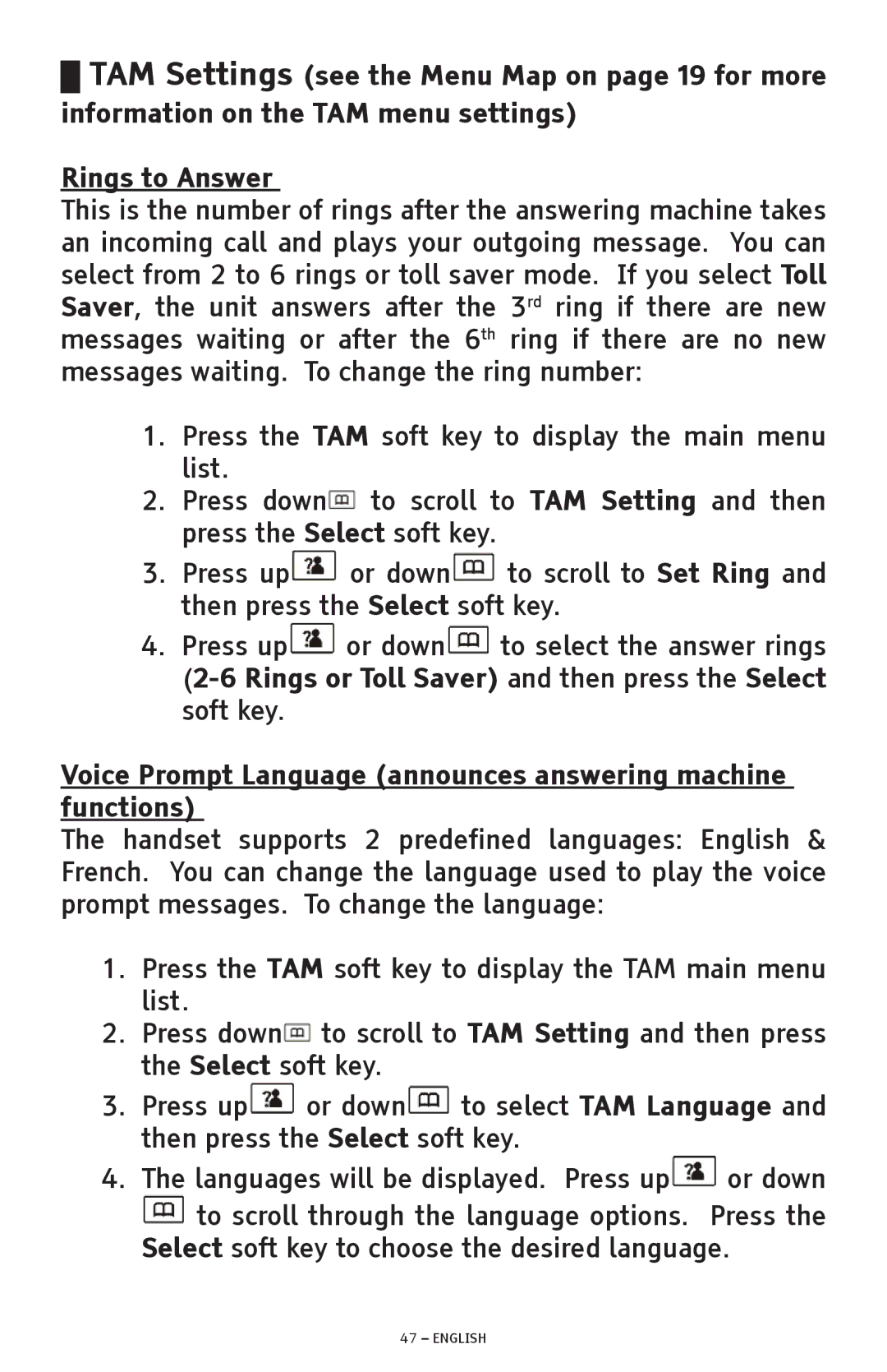 ClearSounds A600 manual Voice Prompt Language announces answering machine functions 