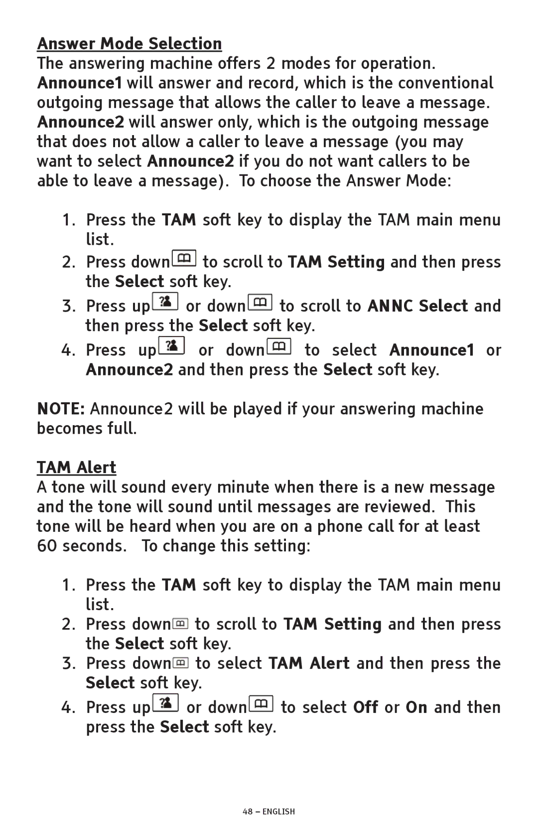 ClearSounds A600 manual Answer Mode Selection, TAM Alert 