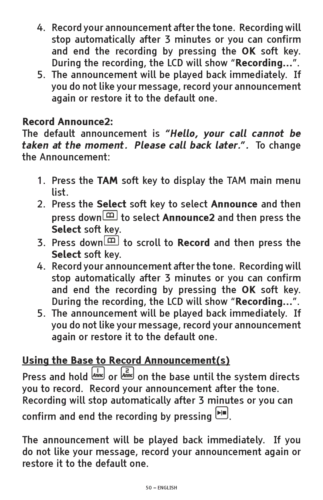 ClearSounds A600 manual Record Announce2, Using the Base to Record Announcements 