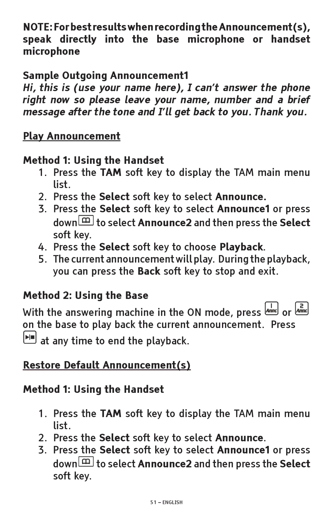 ClearSounds A600 manual Sample Outgoing Announcement1, Play Announcement Method 1 Using the Handset 