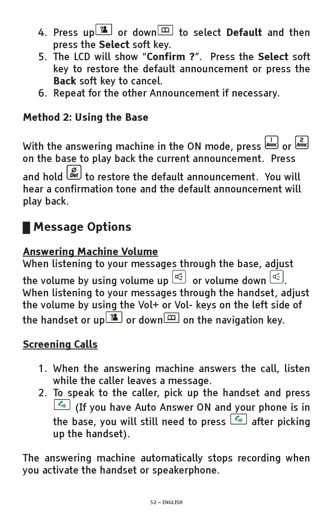 ClearSounds A600 manual Message Options, Answering Machine Volume, Screening Calls 