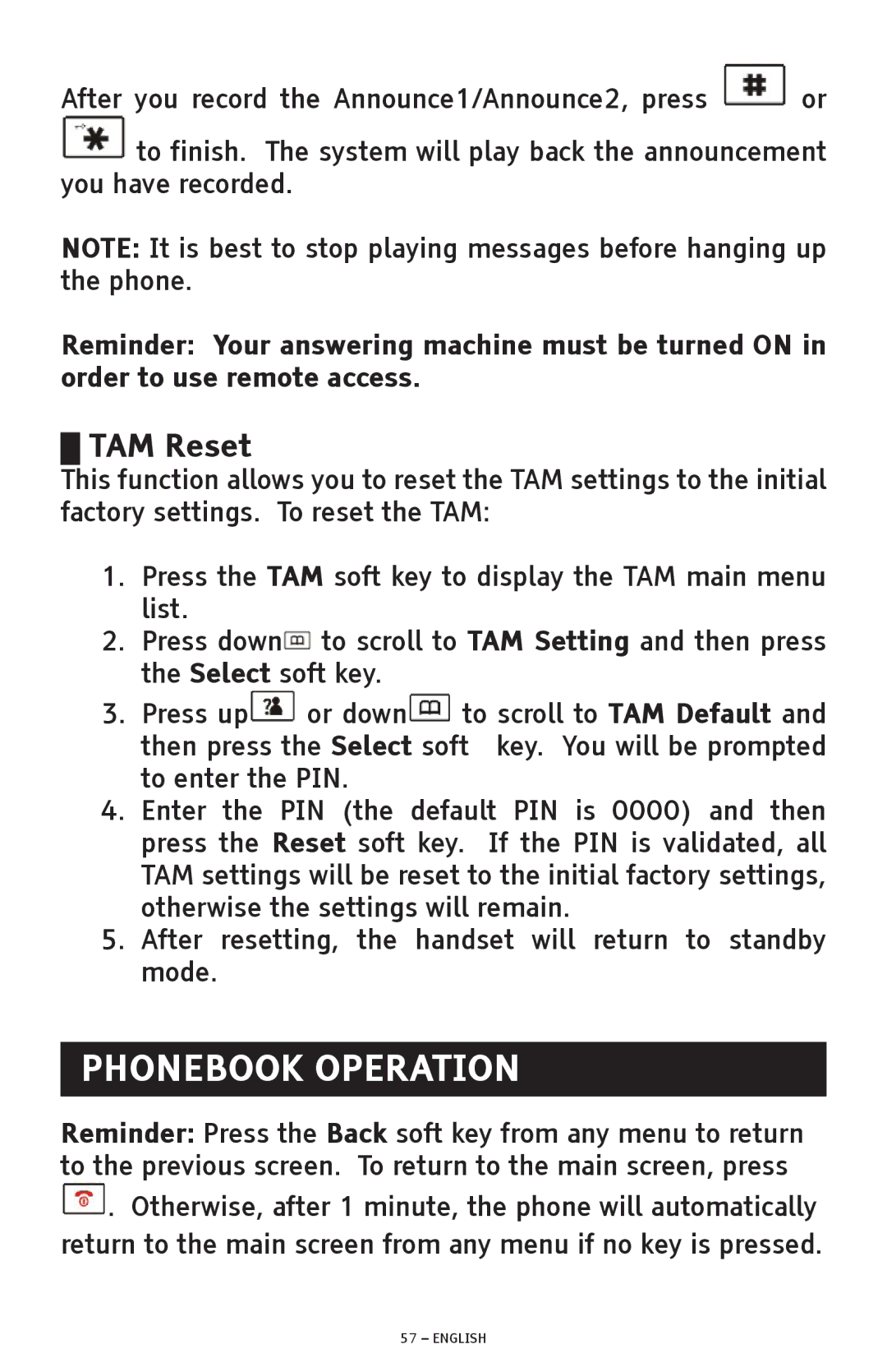 ClearSounds A600 manual Phonebook Operation, TAM Reset 