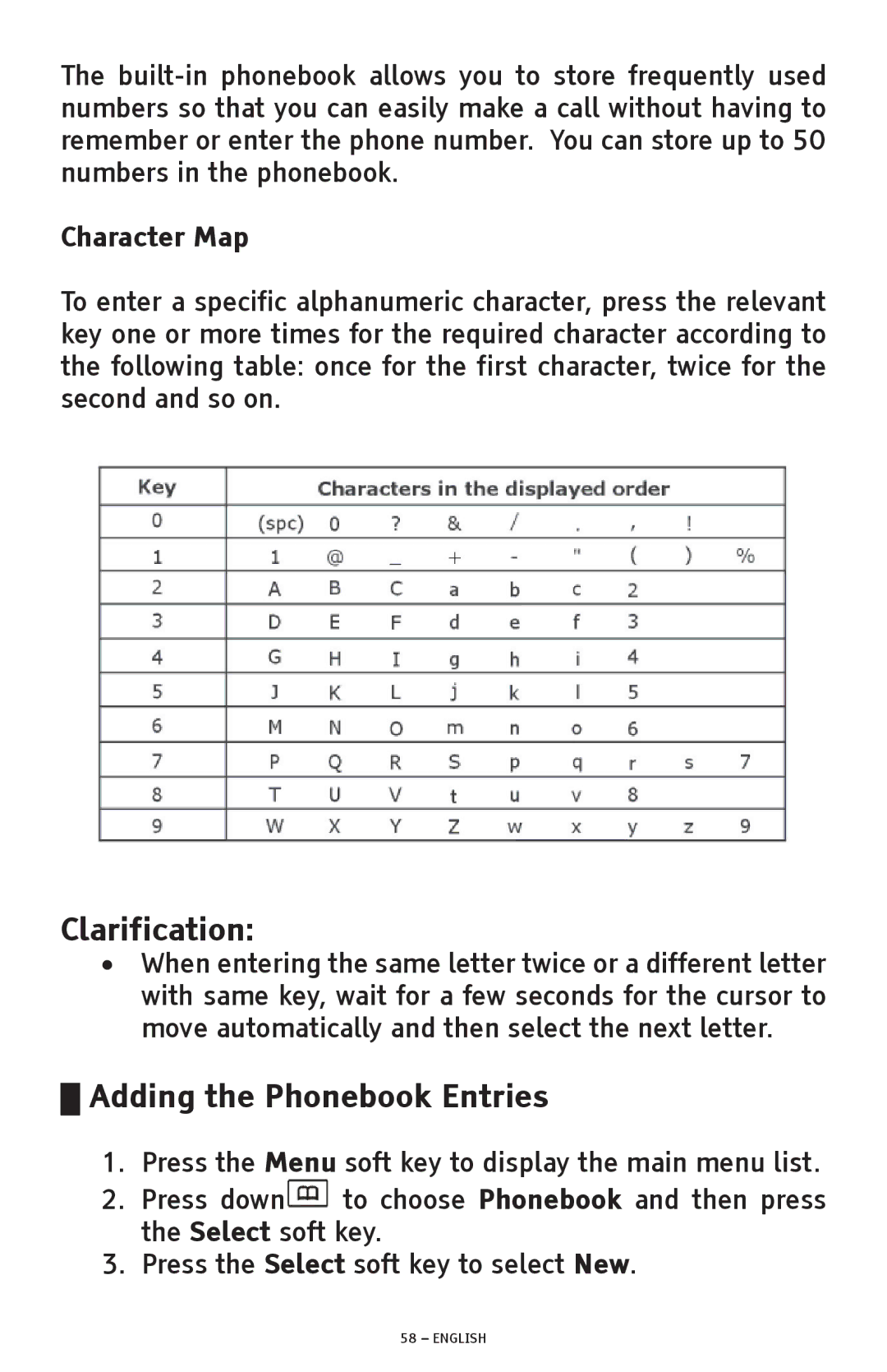 ClearSounds A600 manual Clarification, Adding the Phonebook Entries, Character Map 