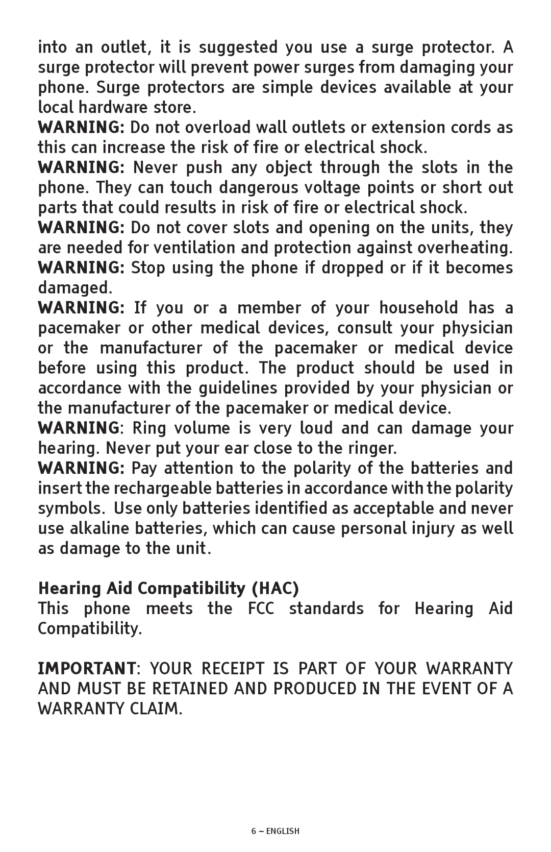 ClearSounds A600 manual Hearing Aid Compatibility HAC 