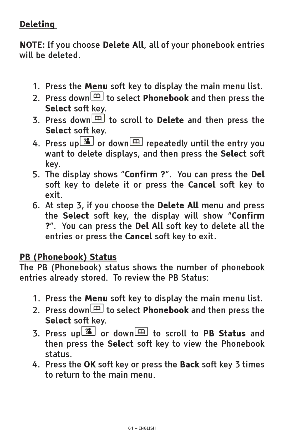 ClearSounds A600 manual Deleting, PB Phonebook Status 