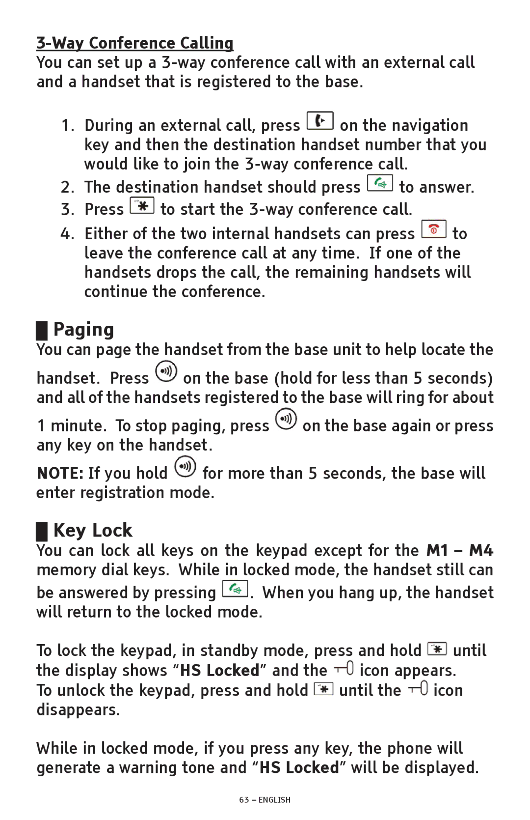 ClearSounds A600 manual Paging, Key Lock, Way Conference Calling 